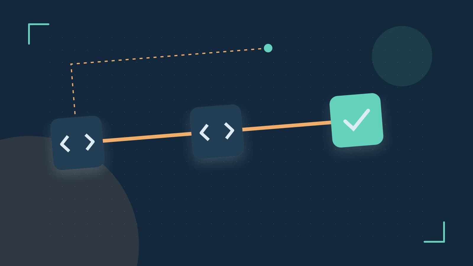 Editorial illustration of a branching build pipeline, staged transformations and a completed check
