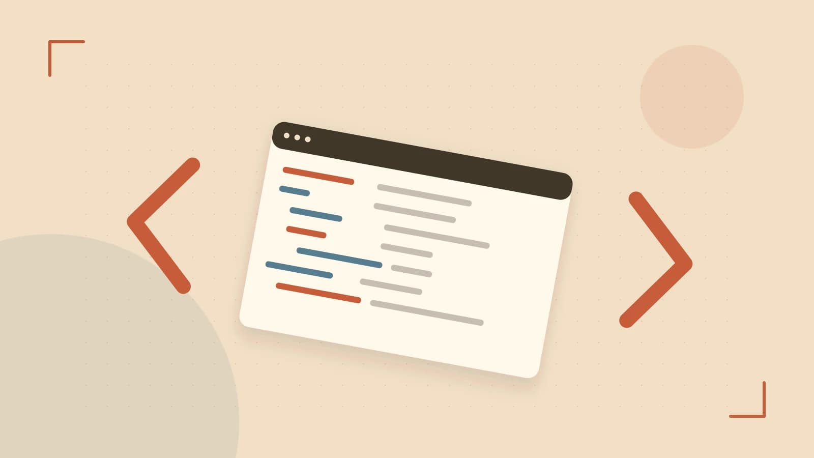 Editorial illustration of an abstract code editor, syntax blocks and oversized programming brackets
