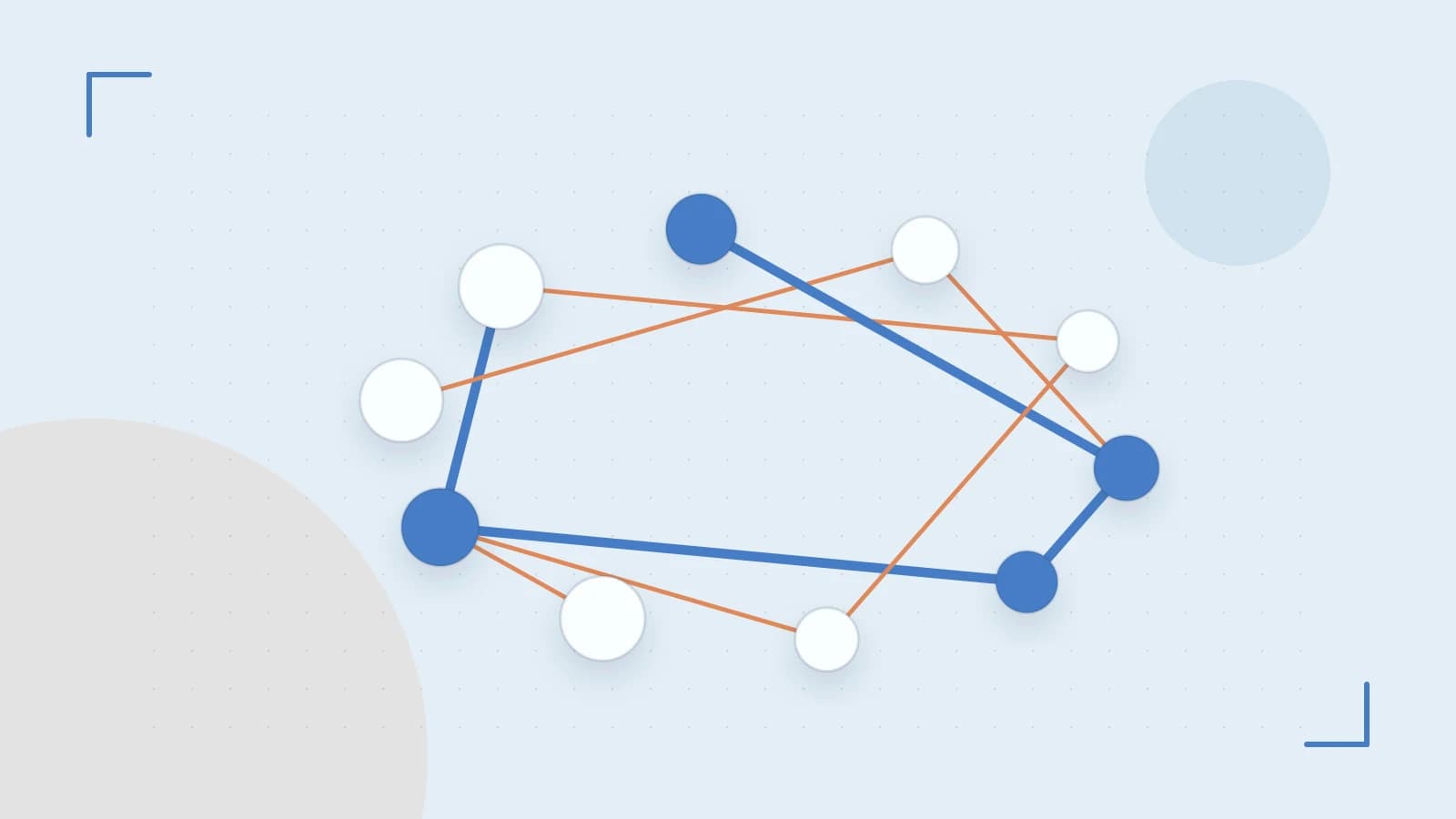Editorial illustration of an algorithmic node graph with branching paths and a highlighted result