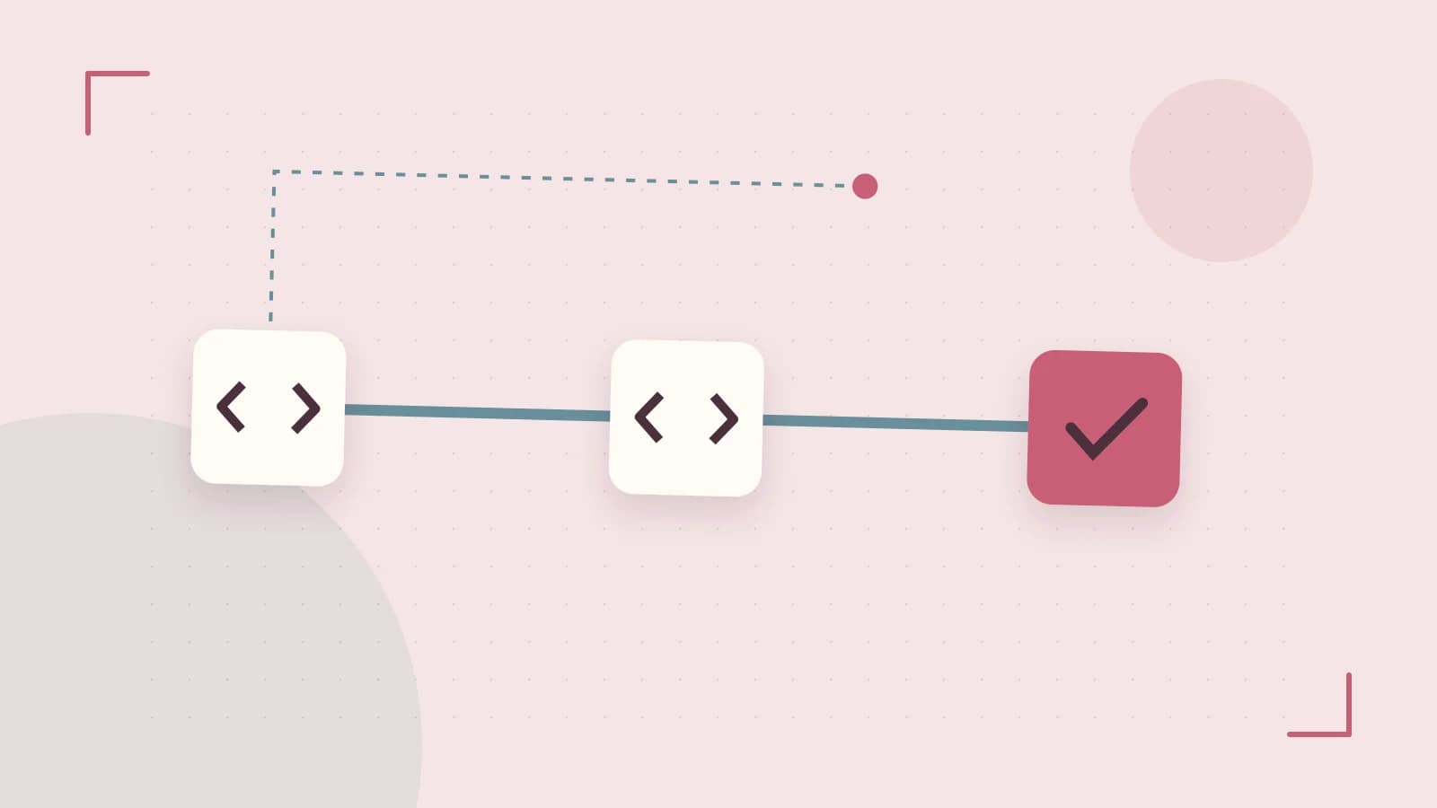 Editorial illustration of a branching build pipeline, staged transformations and a completed check