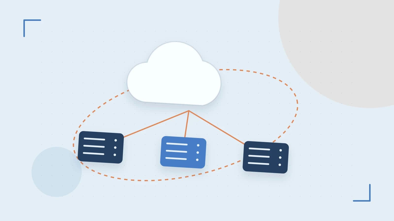 Editorial illustration of cloud infrastructure, connected server racks and an orbital service map