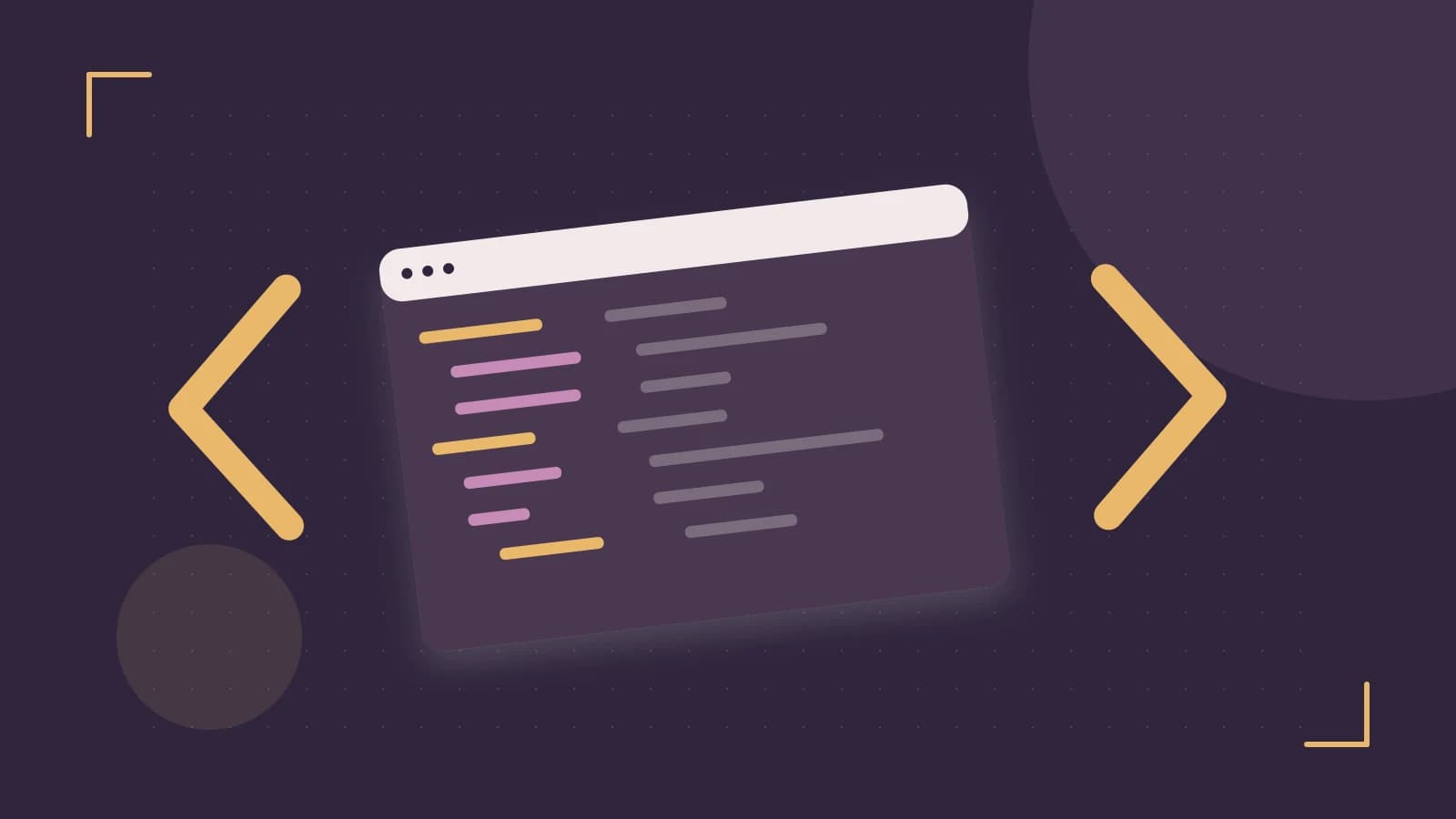 Editorial illustration of an abstract code editor, syntax blocks and oversized programming brackets