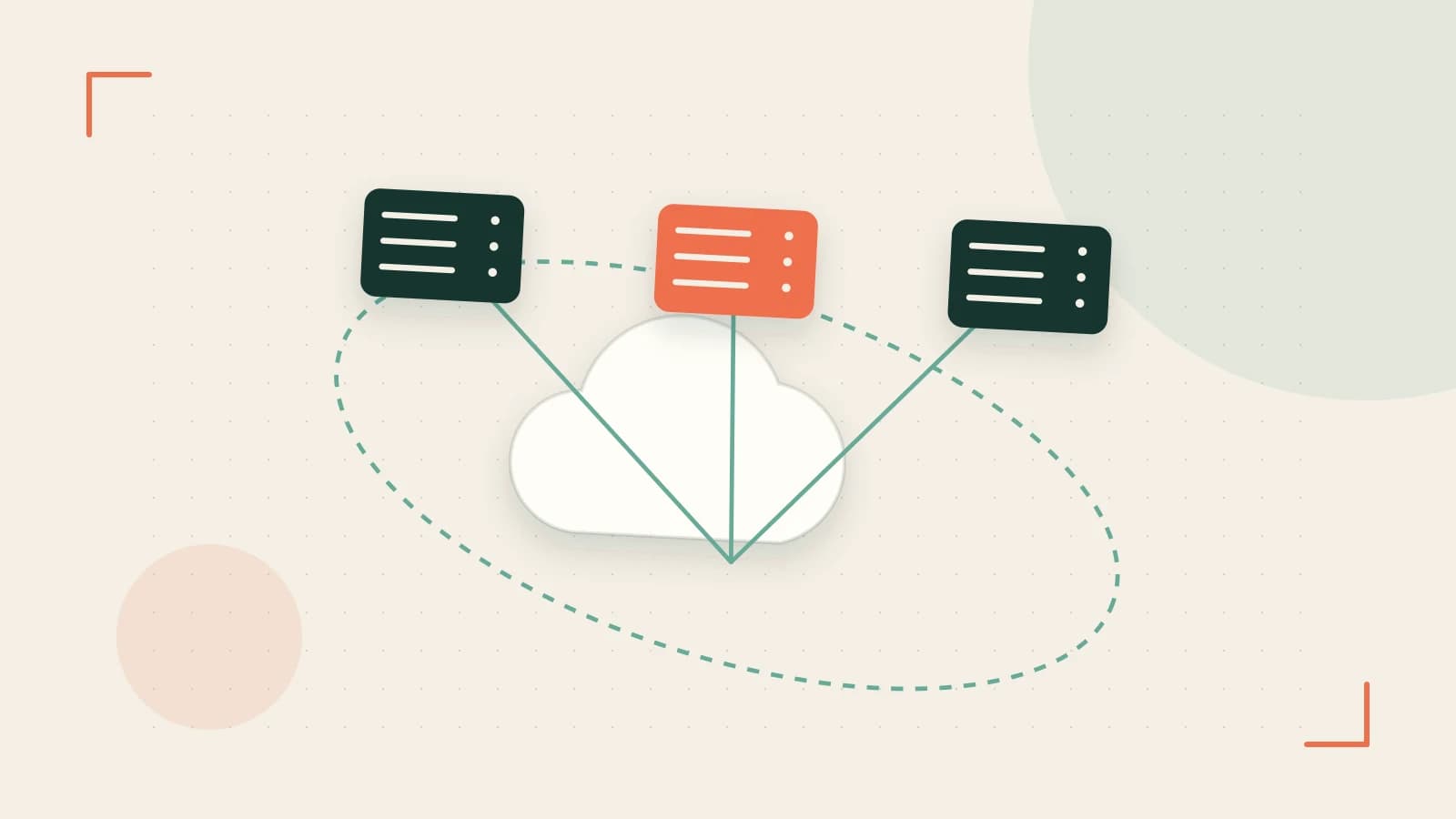 Editorial illustration of cloud infrastructure, connected server racks and an orbital service map
