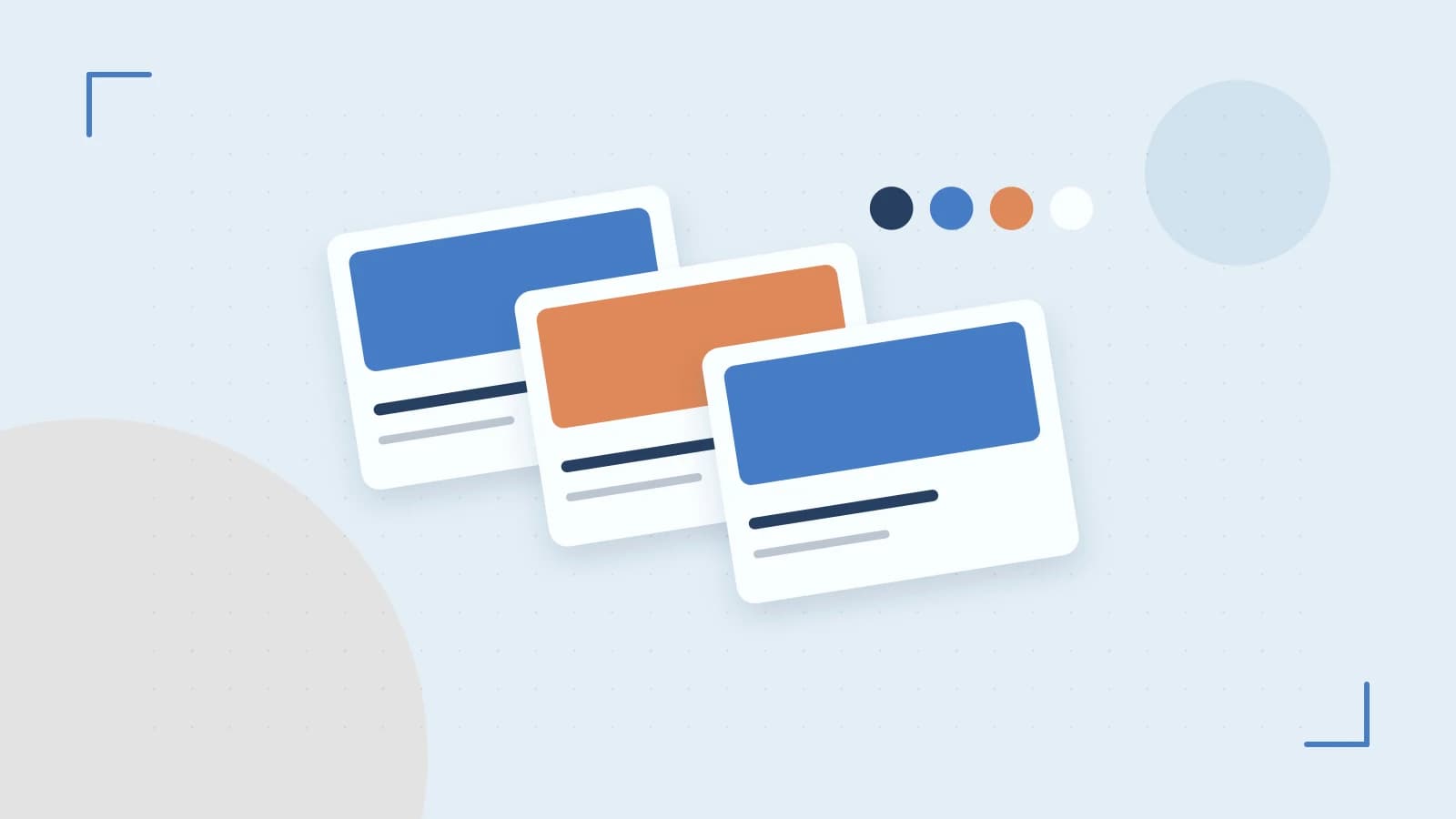 Editorial illustration of responsive browser layouts, overlapping design components and a color system