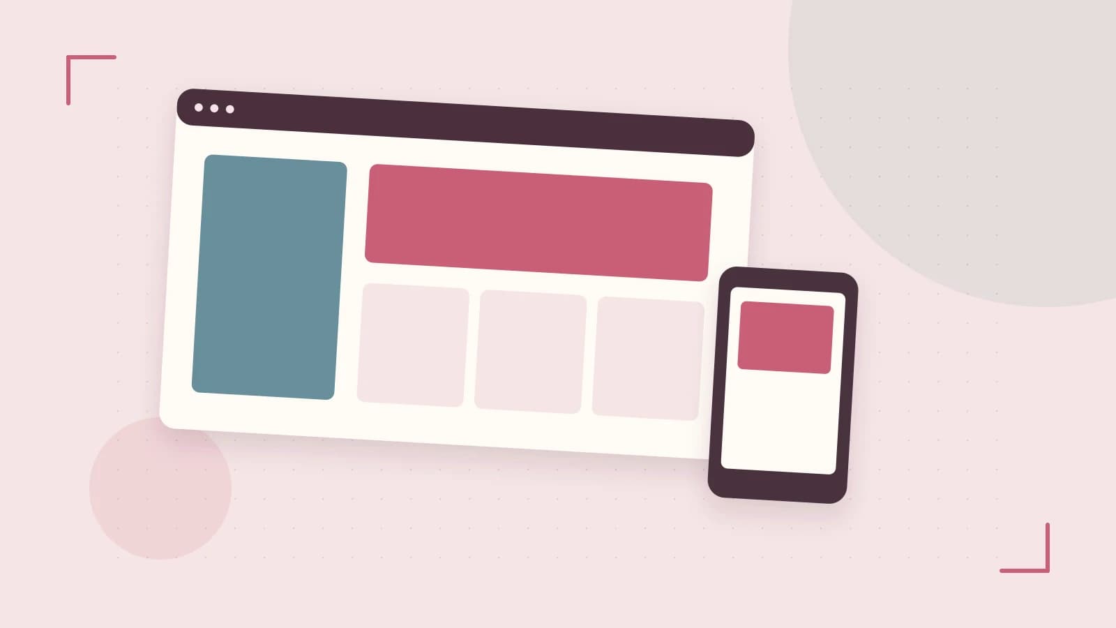 Editorial illustration of responsive browser layouts, overlapping design components and a color system