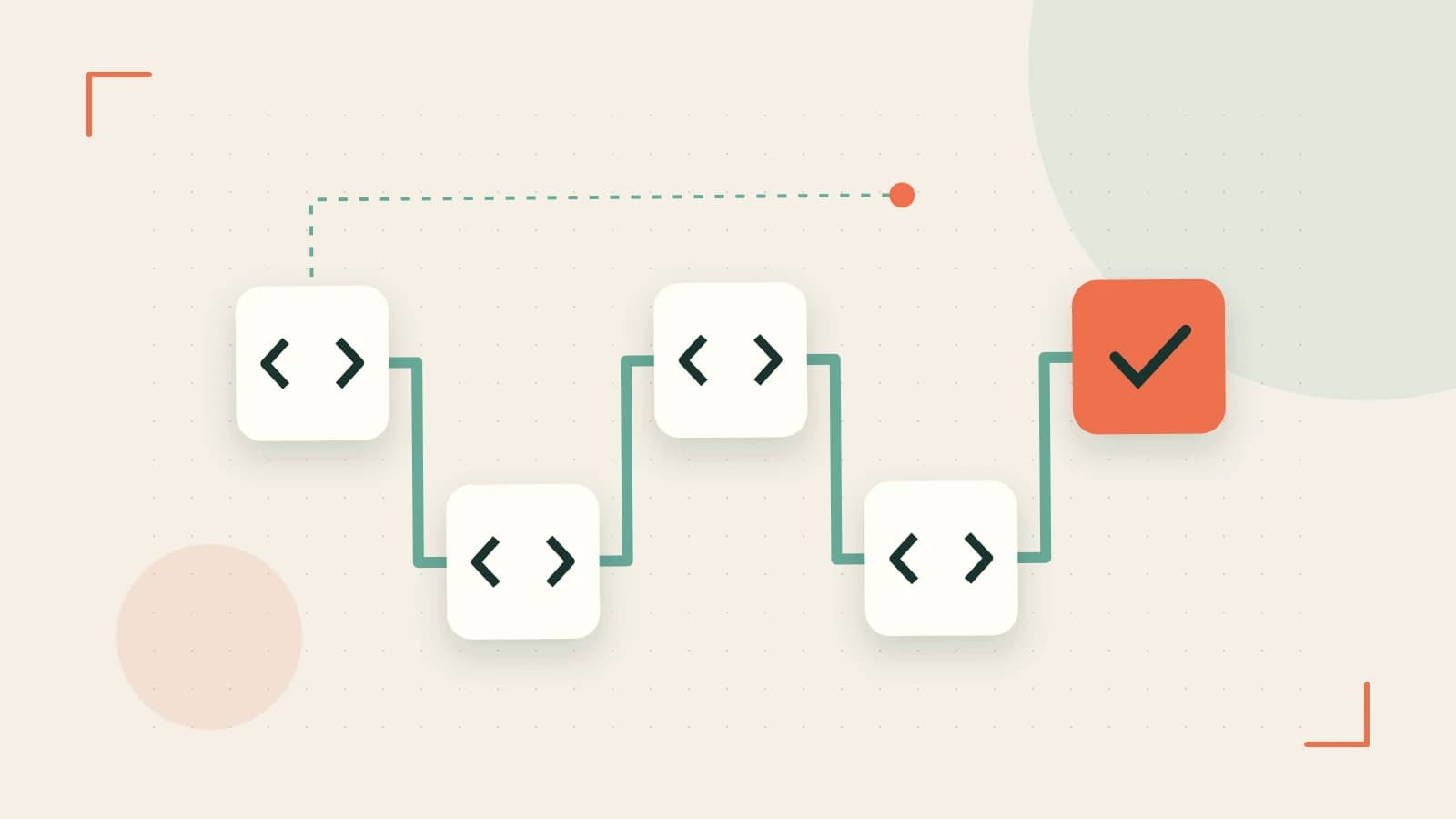 Editorial illustration of a branching build pipeline, staged transformations and a completed check