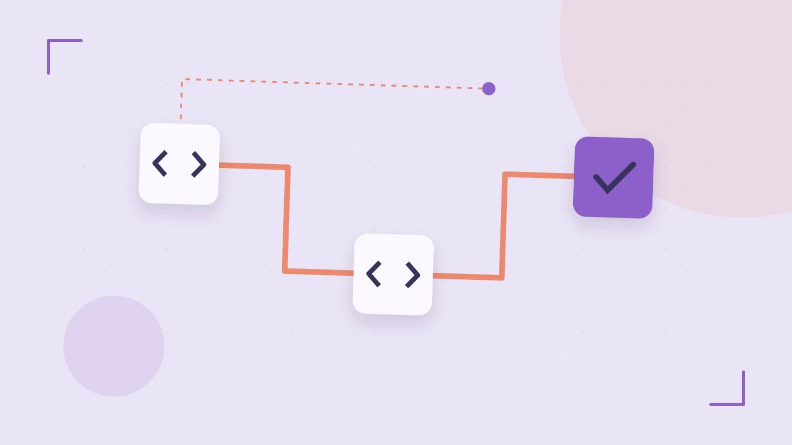 Editorial illustration of a branching build pipeline, staged transformations and a completed check