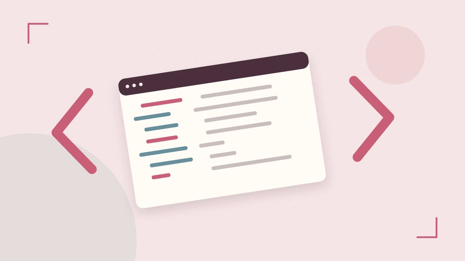 Editorial illustration of an abstract code editor, syntax blocks and oversized programming brackets