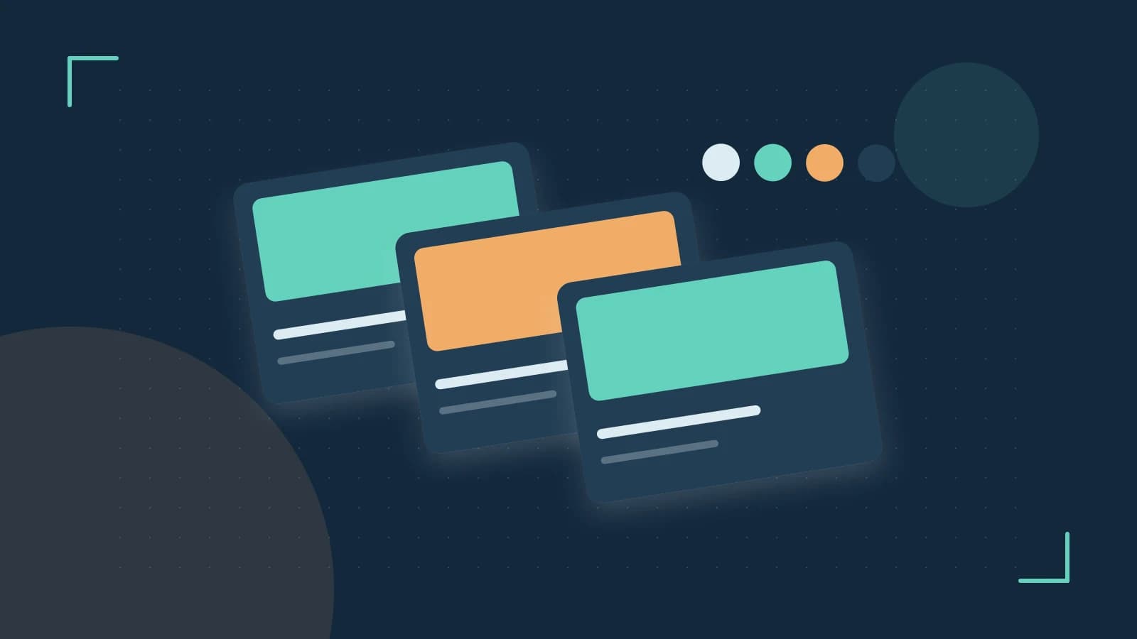 Editorial illustration of responsive browser layouts, overlapping design components and a color system