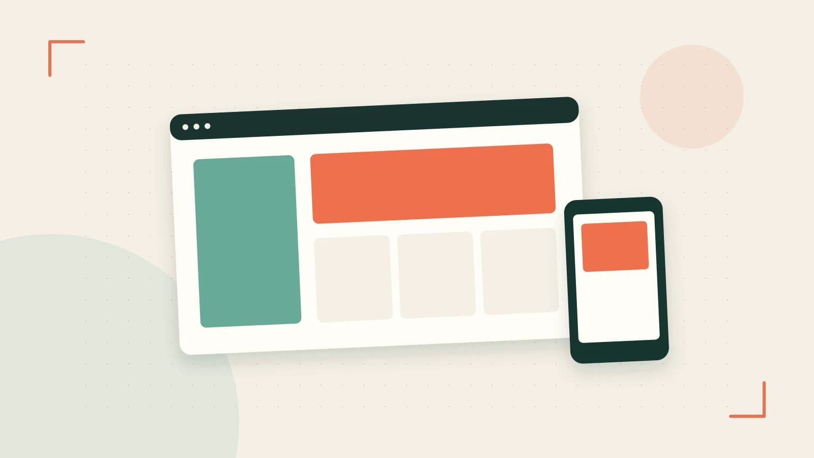 Editorial illustration of responsive browser layouts, overlapping design components and a color system