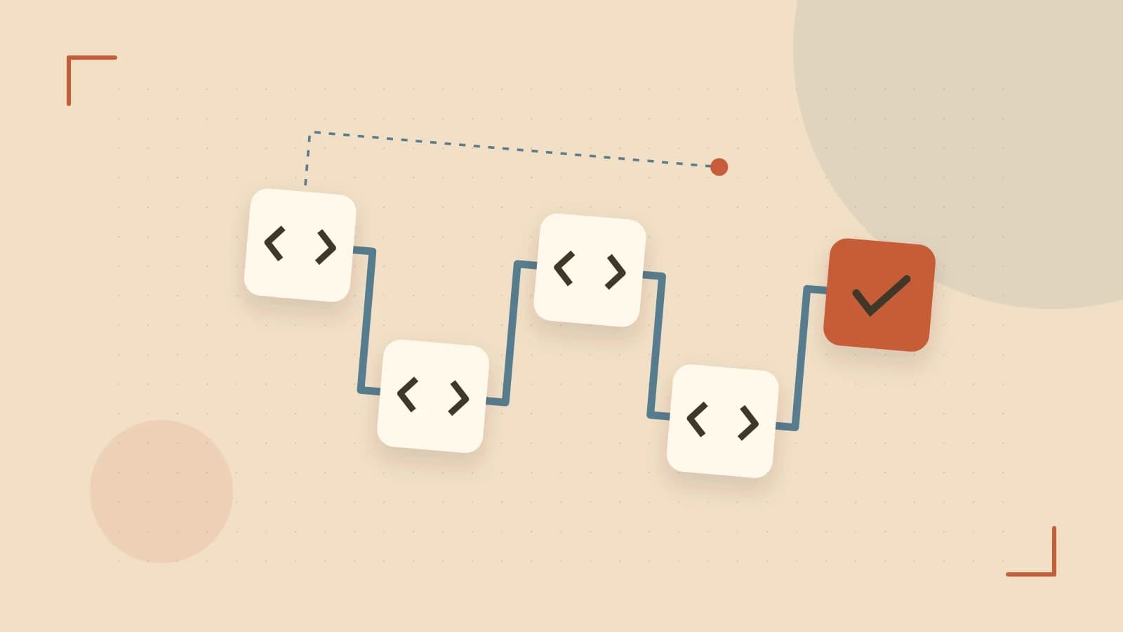 Editorial illustration of a branching build pipeline, staged transformations and a completed check