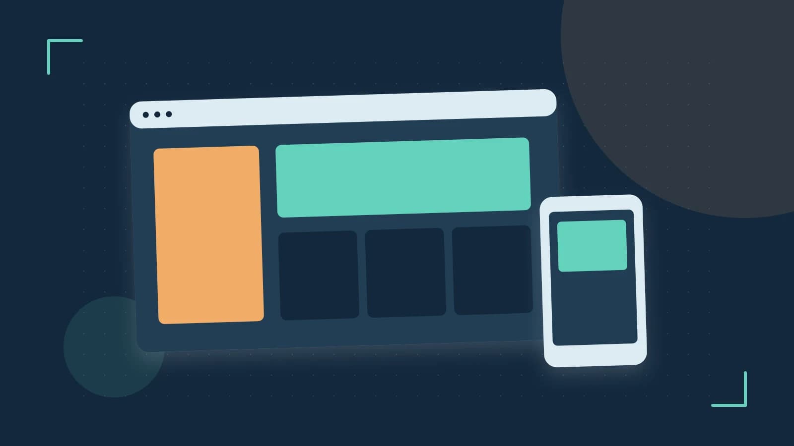 Editorial illustration of responsive browser layouts, overlapping design components and a color system