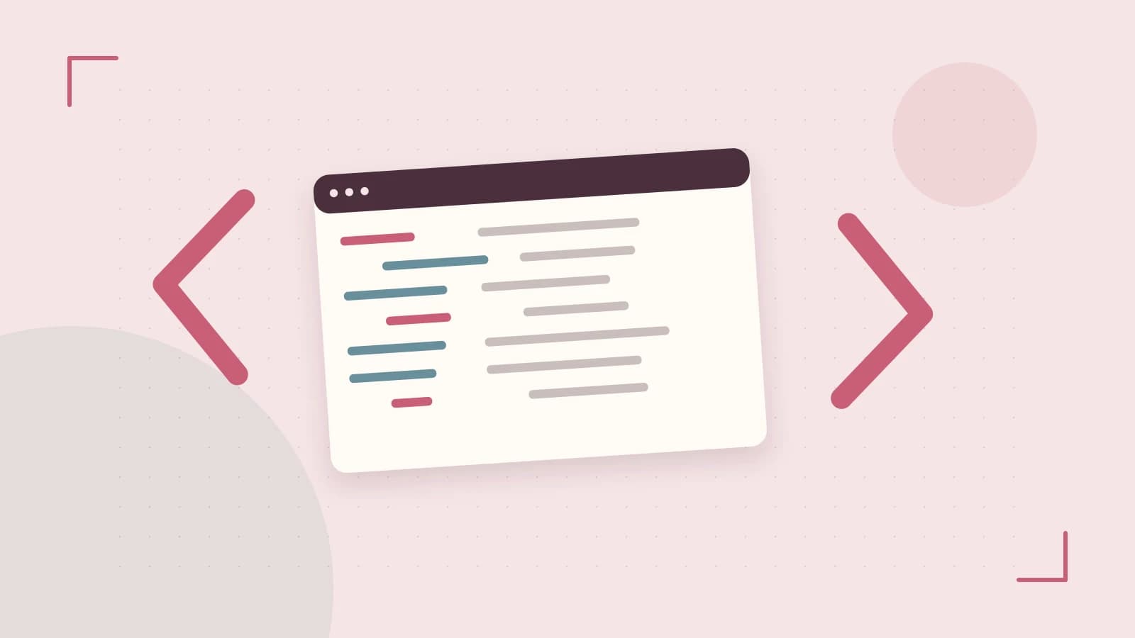 Editorial illustration of an abstract code editor, syntax blocks and oversized programming brackets