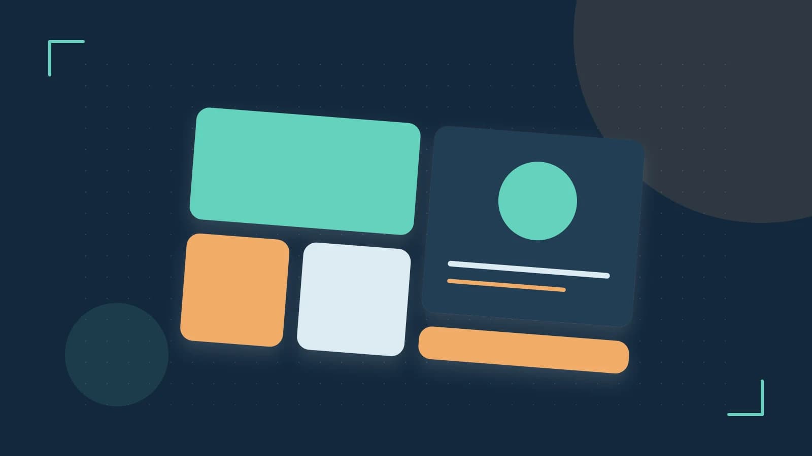 Editorial illustration of responsive browser layouts, overlapping design components and a color system