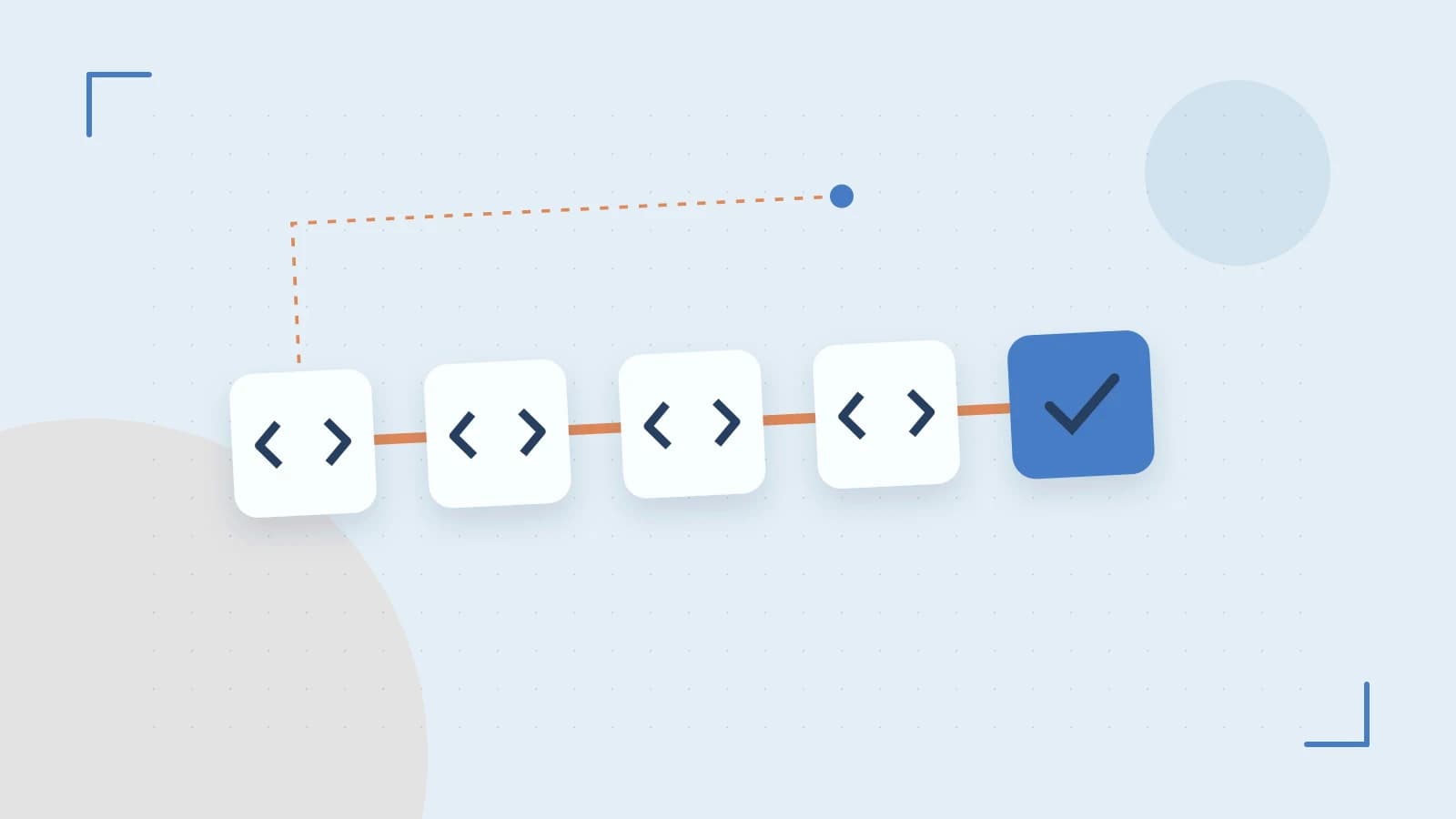 Editorial illustration of a branching build pipeline, staged transformations and a completed check