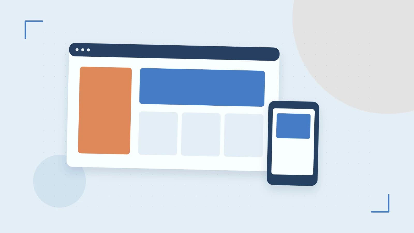 Editorial illustration of responsive browser layouts, overlapping design components and a color system