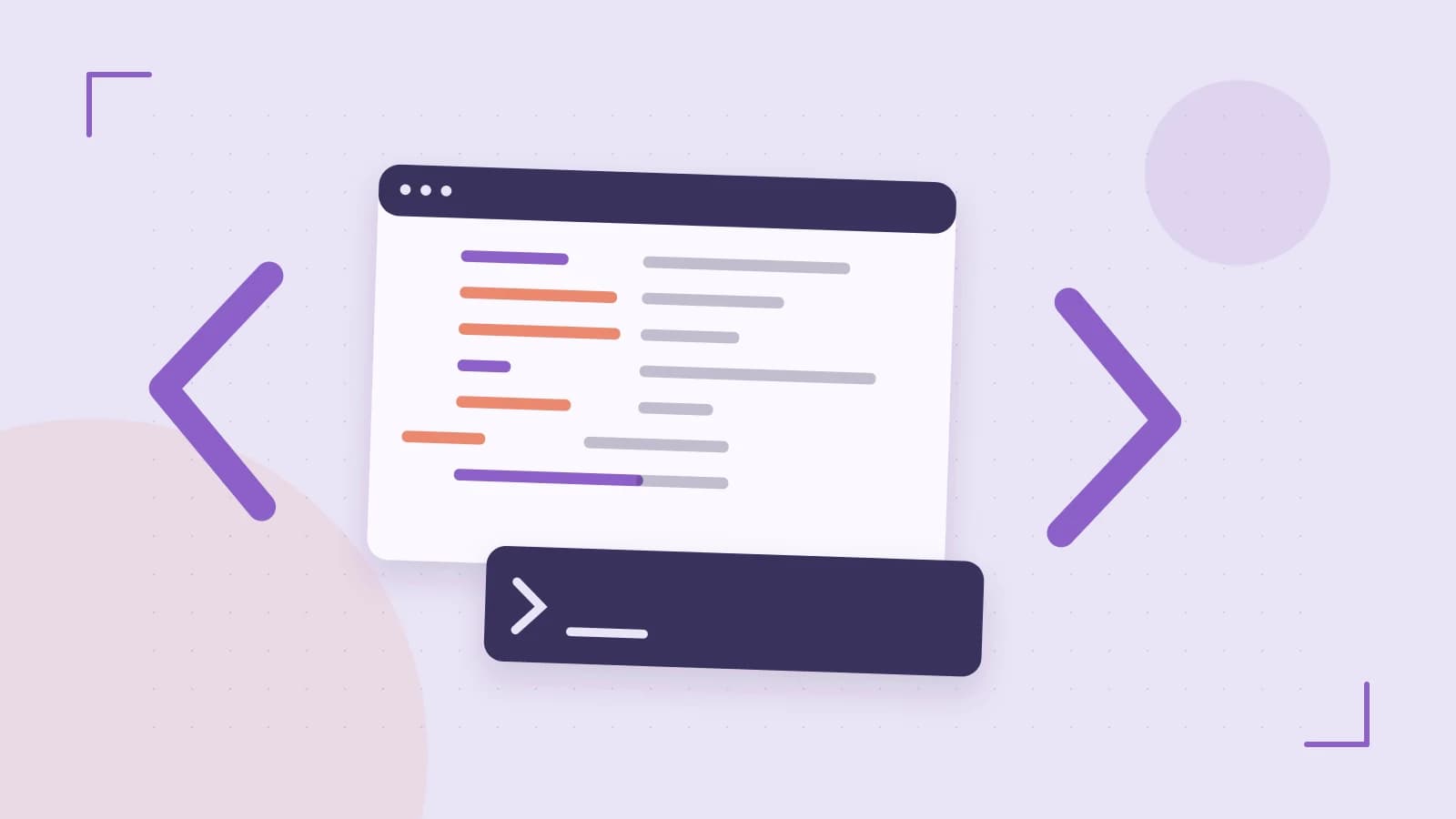Editorial illustration of an abstract code editor, syntax blocks and oversized programming brackets