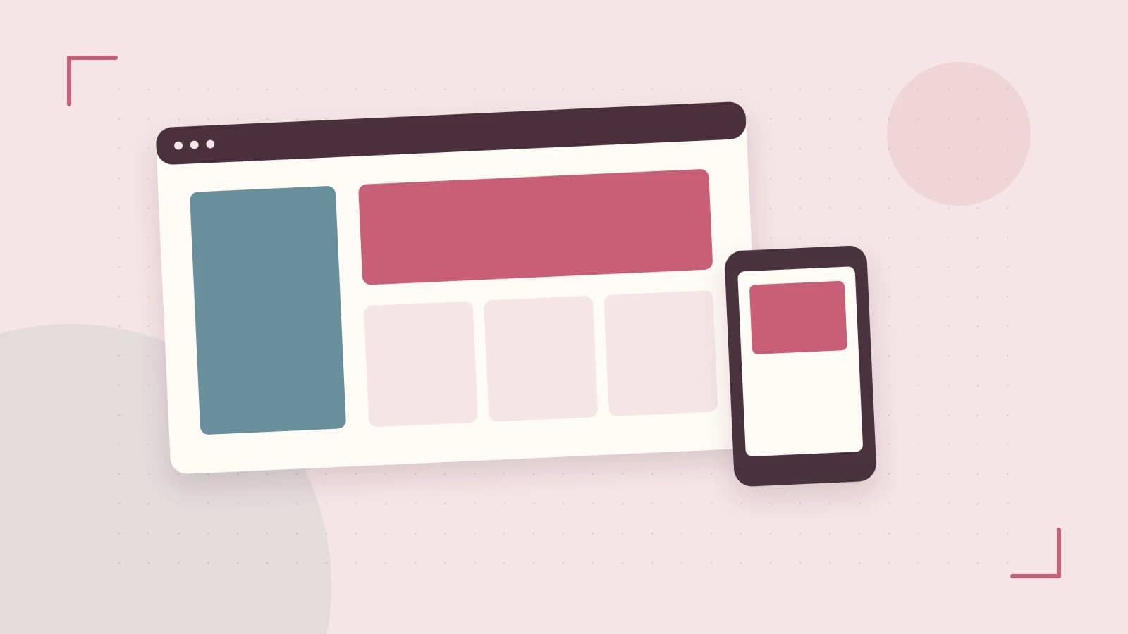Editorial illustration of responsive browser layouts, overlapping design components and a color system