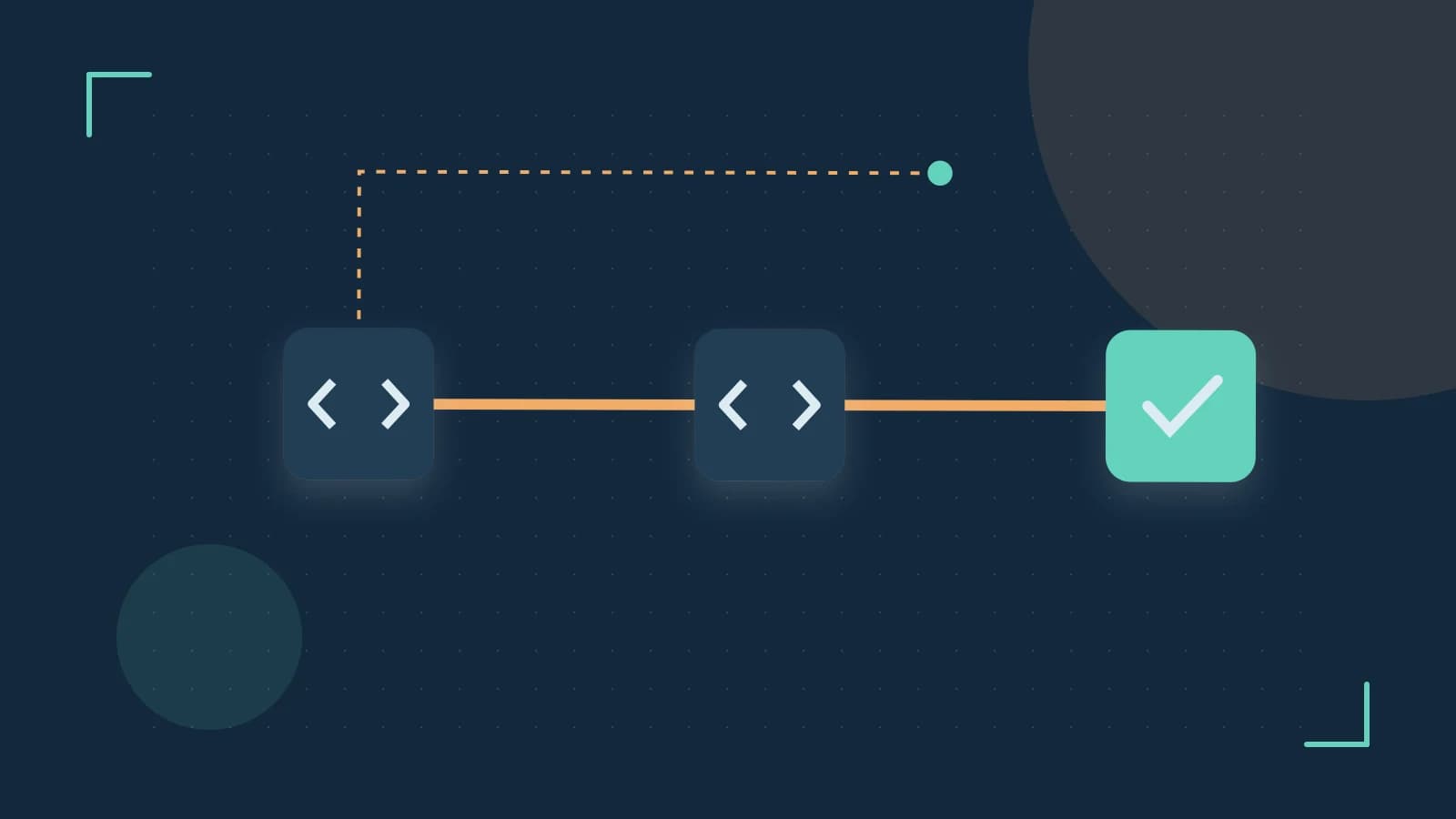 Editorial illustration of a branching build pipeline, staged transformations and a completed check