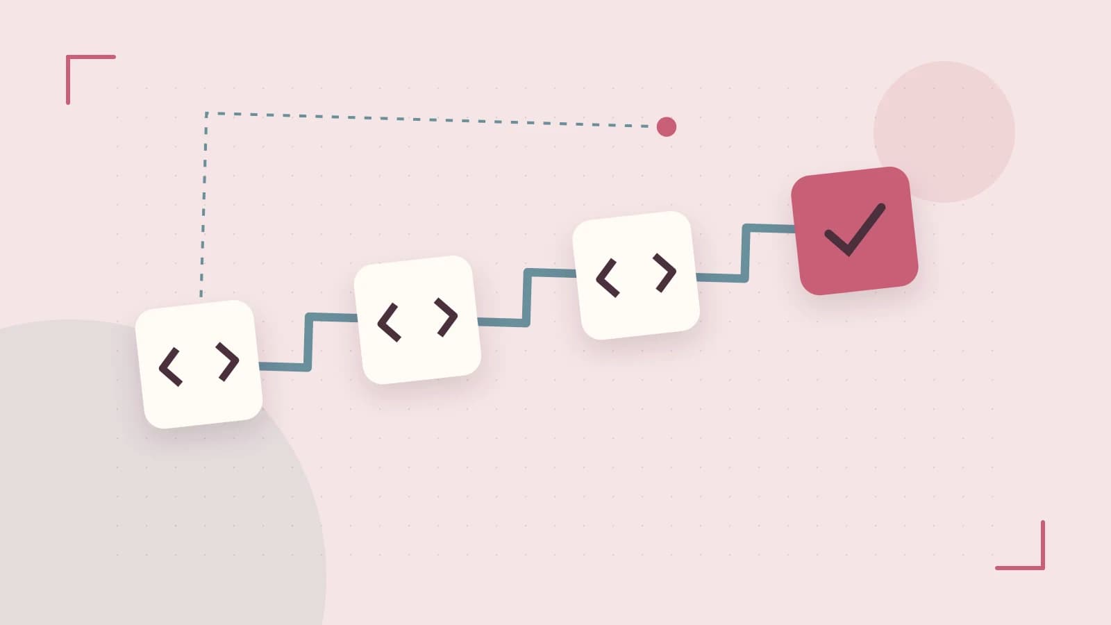 Editorial illustration of a branching build pipeline, staged transformations and a completed check