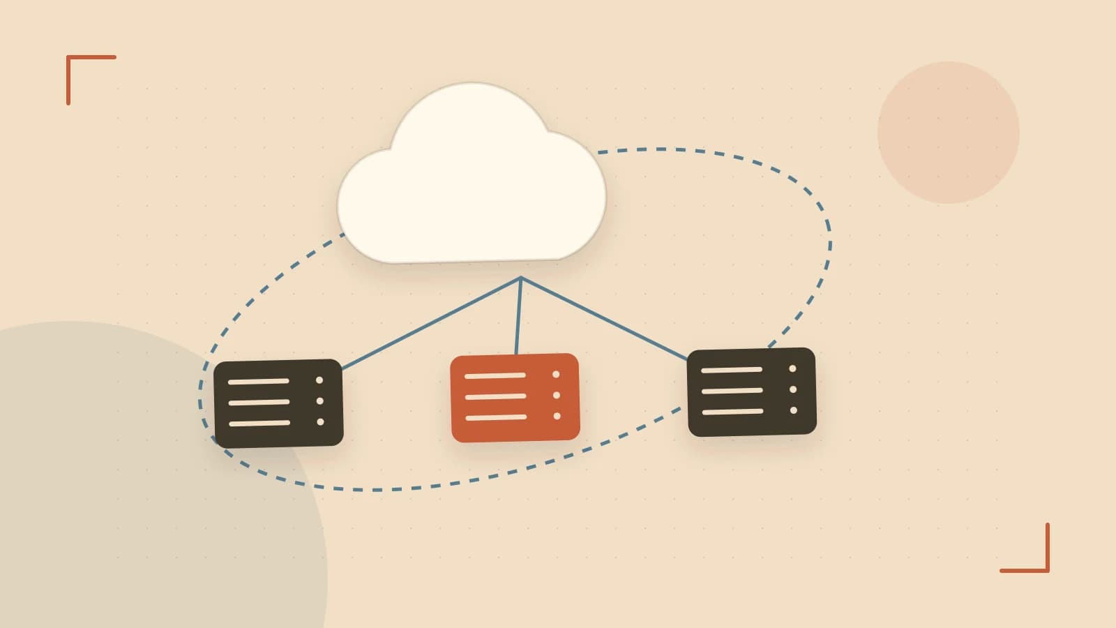 Editorial illustration of cloud infrastructure, connected server racks and an orbital service map