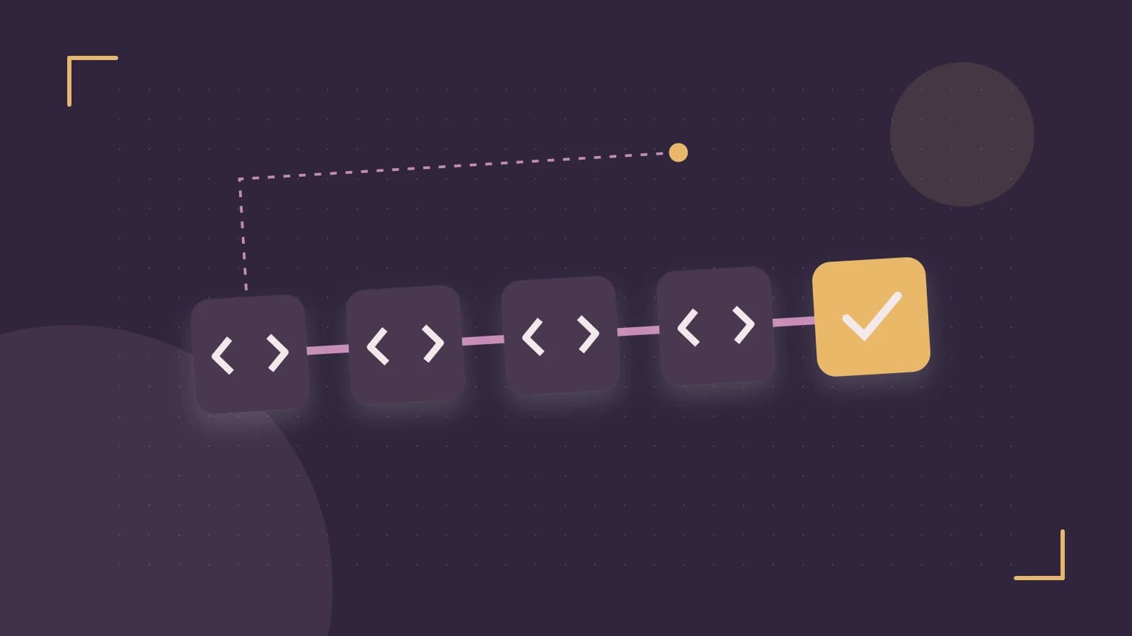 Editorial illustration of a branching build pipeline, staged transformations and a completed check
