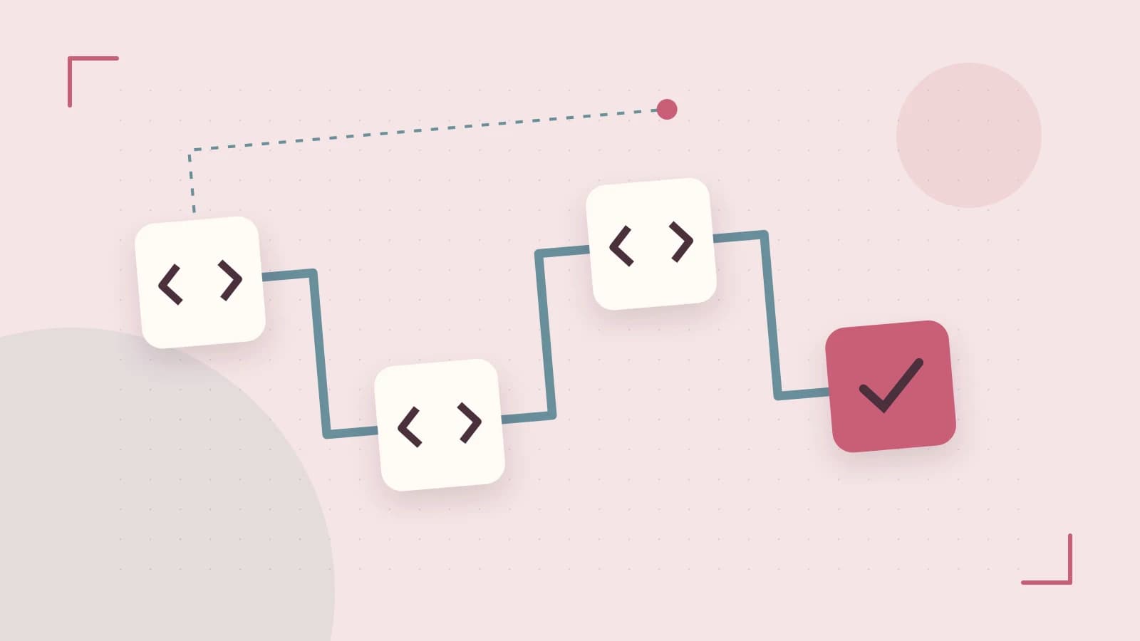 Editorial illustration of a branching build pipeline, staged transformations and a completed check