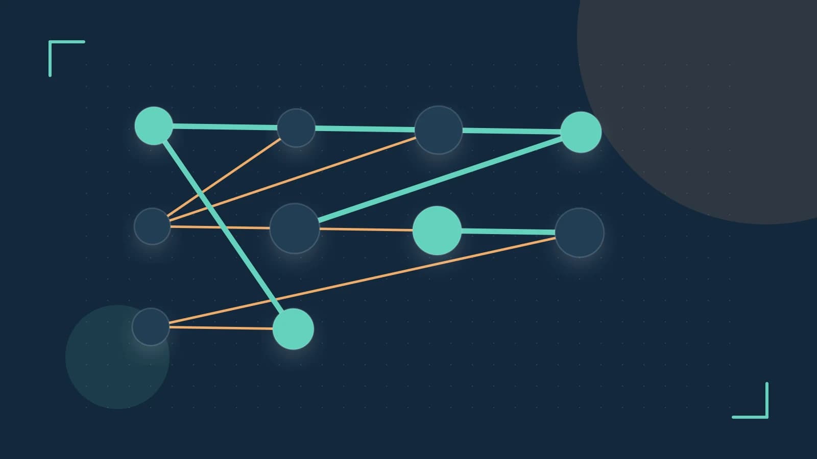 Editorial illustration of an algorithmic node graph with branching paths and a highlighted result
