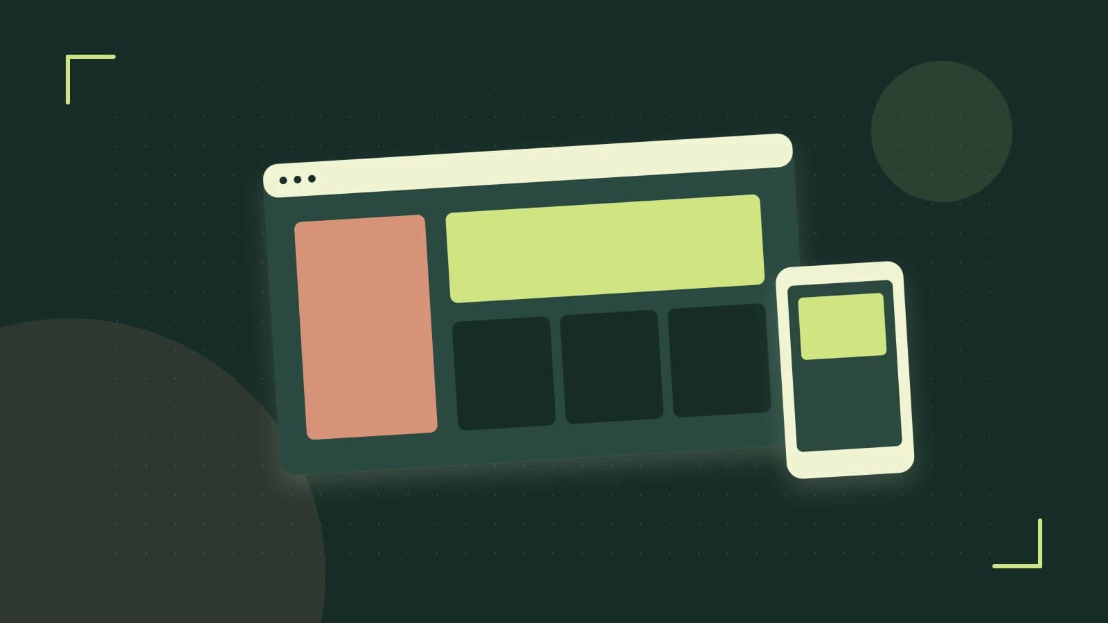 Editorial illustration of responsive browser layouts, overlapping design components and a color system