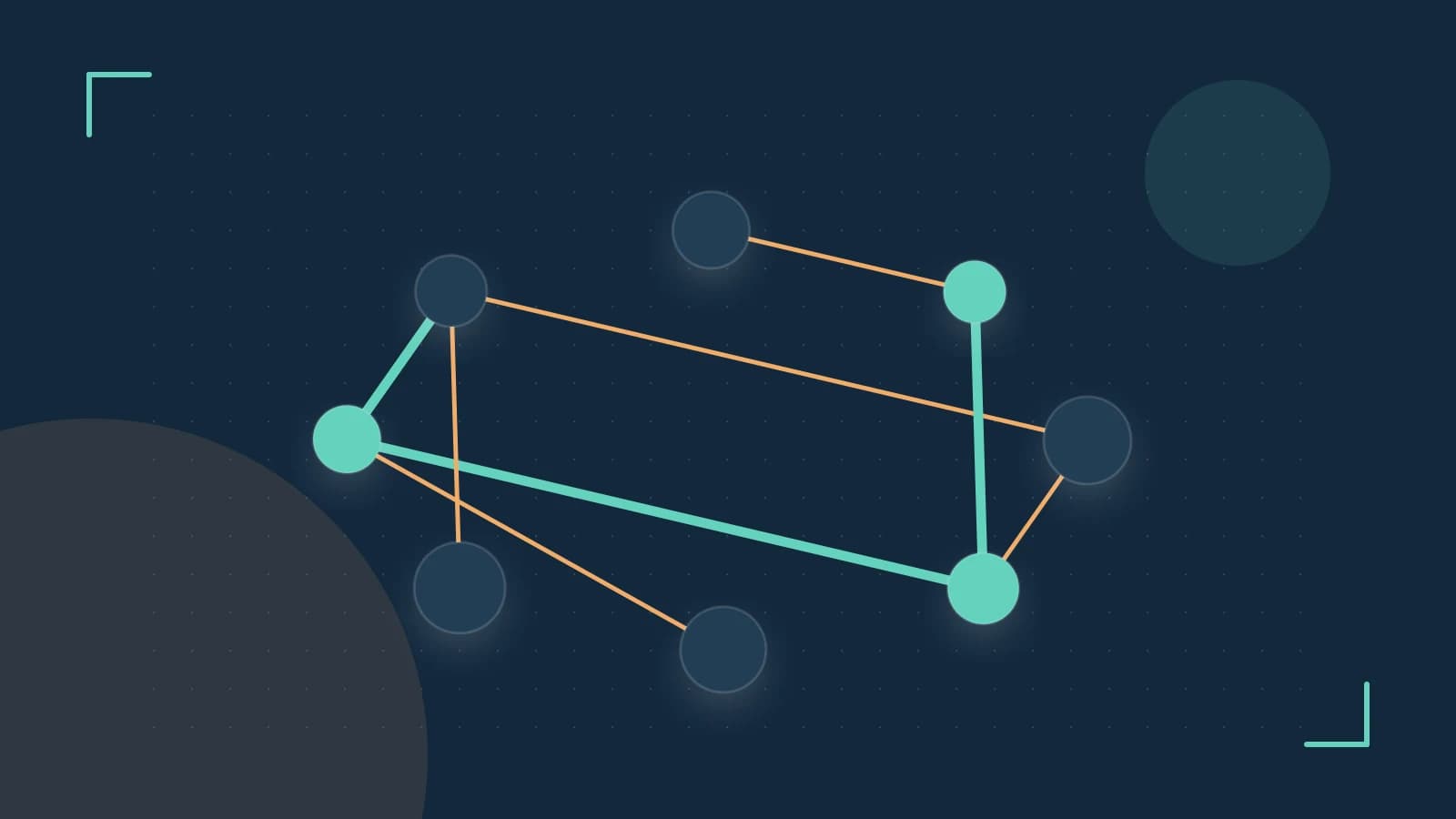 Editorial illustration of an algorithmic node graph with branching paths and a highlighted result