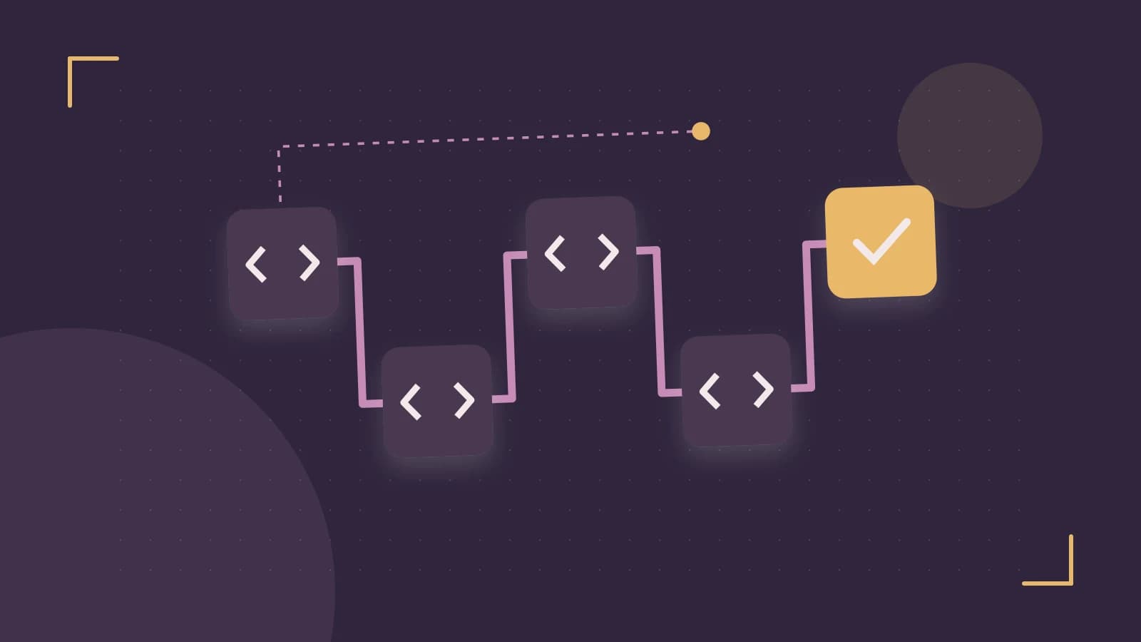 Editorial illustration of a branching build pipeline, staged transformations and a completed check