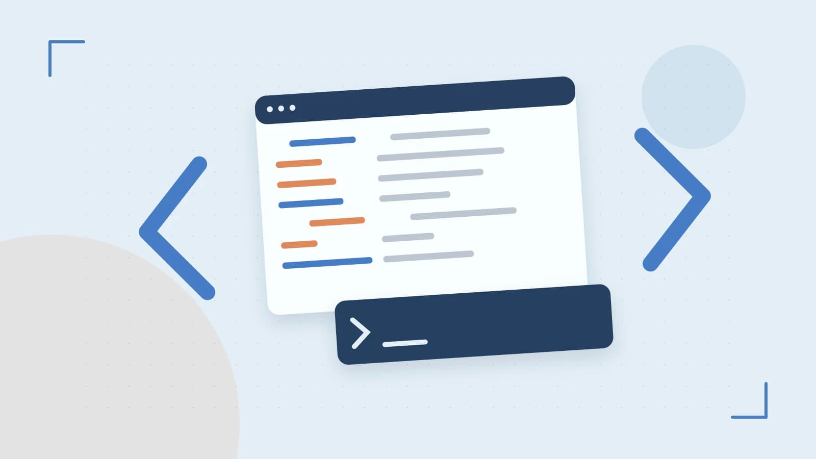 Editorial illustration of an abstract code editor, syntax blocks and oversized programming brackets