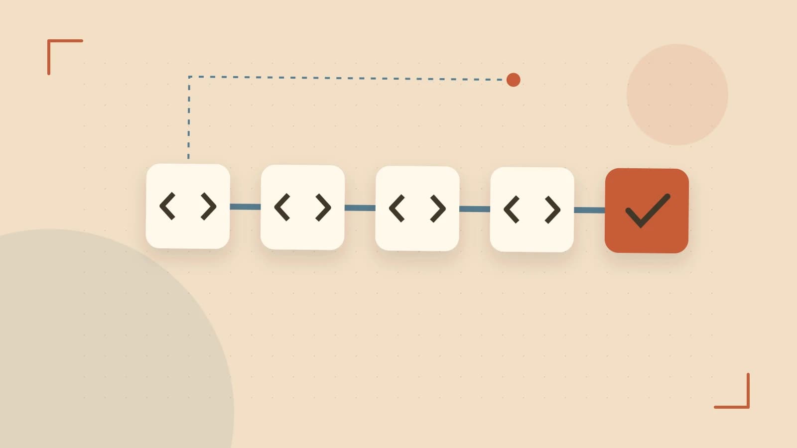 Editorial illustration of a branching build pipeline, staged transformations and a completed check
