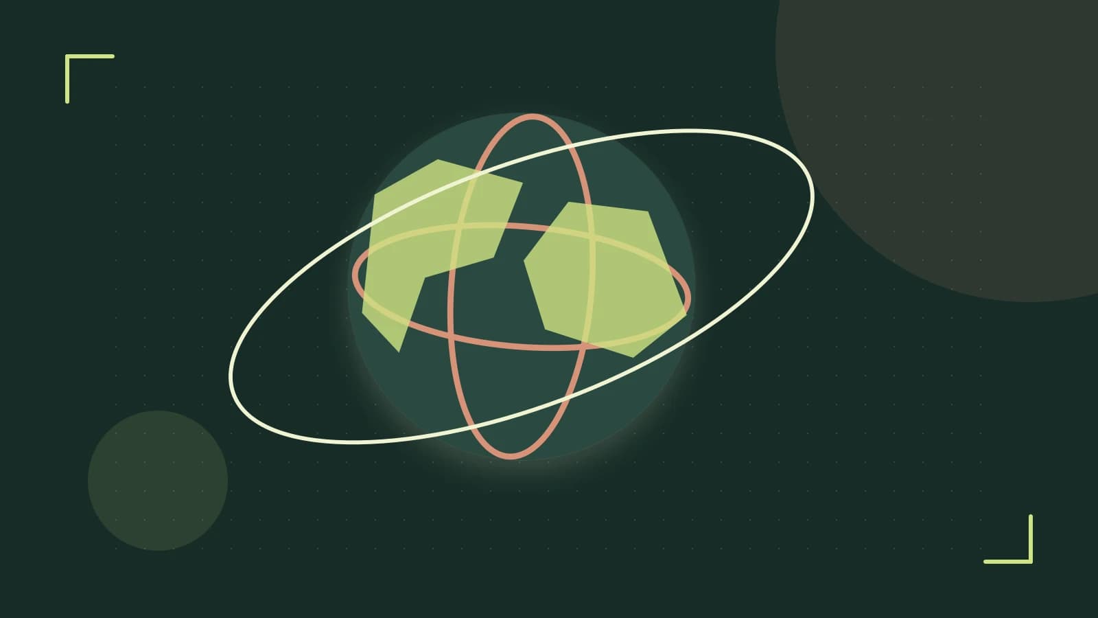Editorial illustration of an editorial globe with meridians and layered geographic shapes