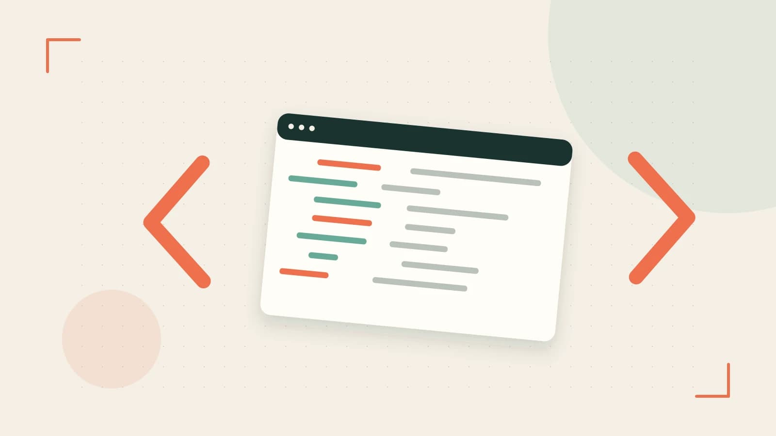 Editorial illustration of an abstract code editor, syntax blocks and oversized programming brackets