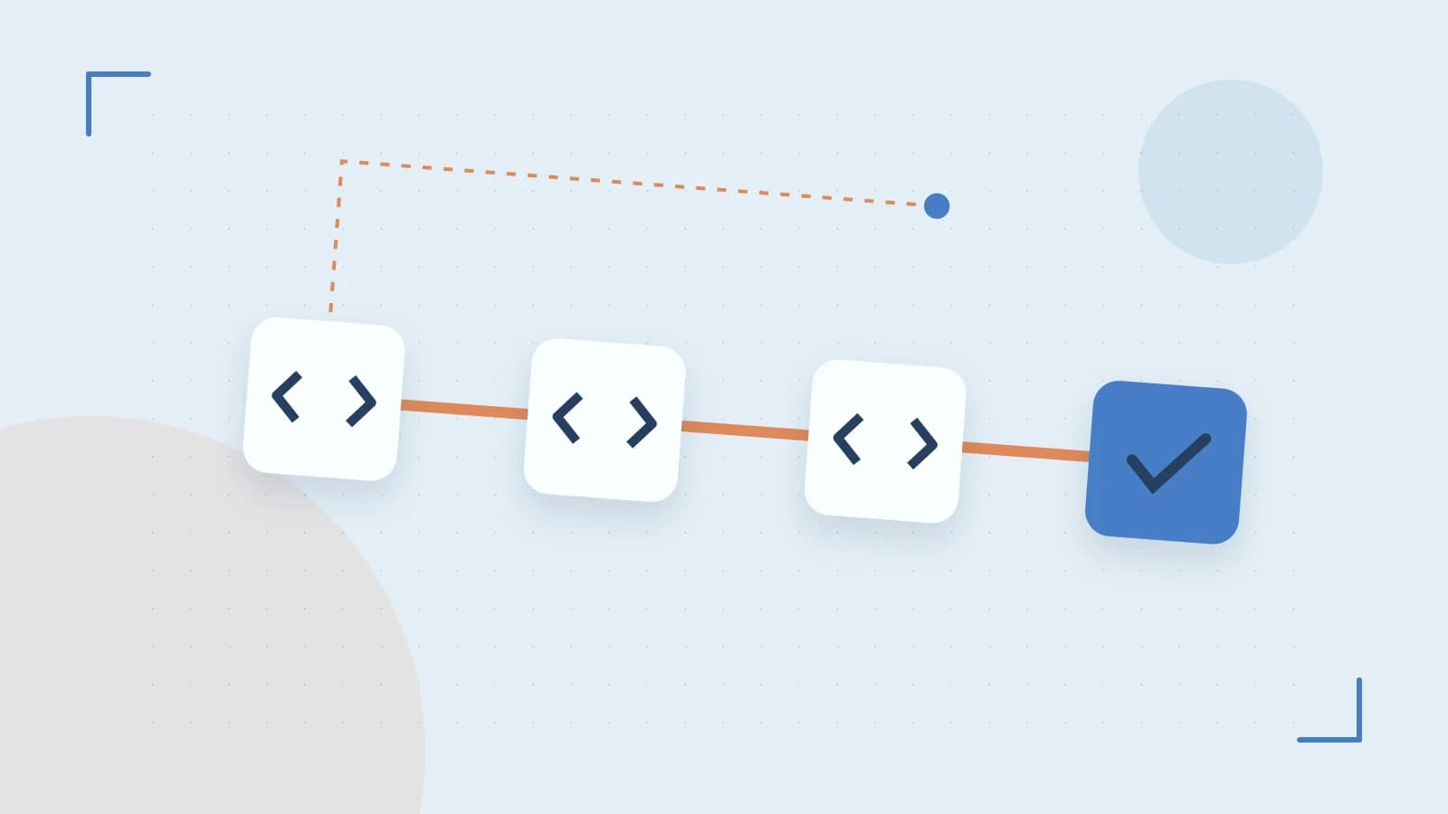 Editorial illustration of a branching build pipeline, staged transformations and a completed check
