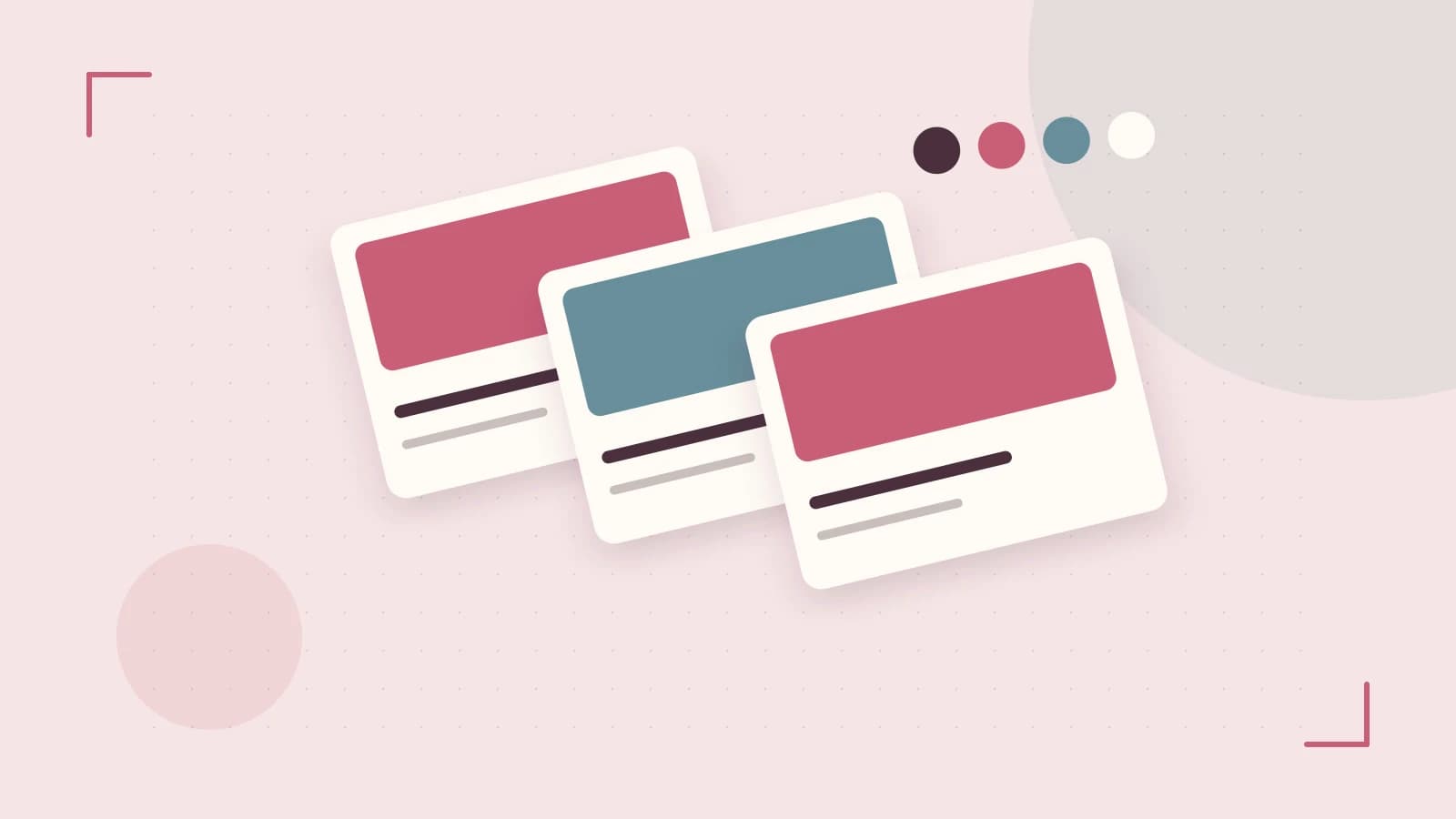 Editorial illustration of responsive browser layouts, overlapping design components and a color system