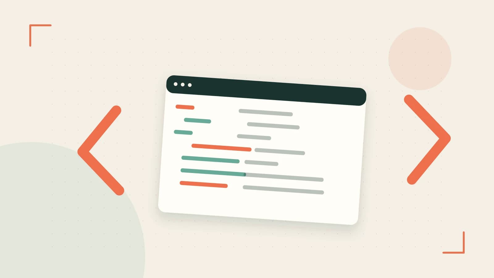 Editorial illustration of an abstract code editor, syntax blocks and oversized programming brackets