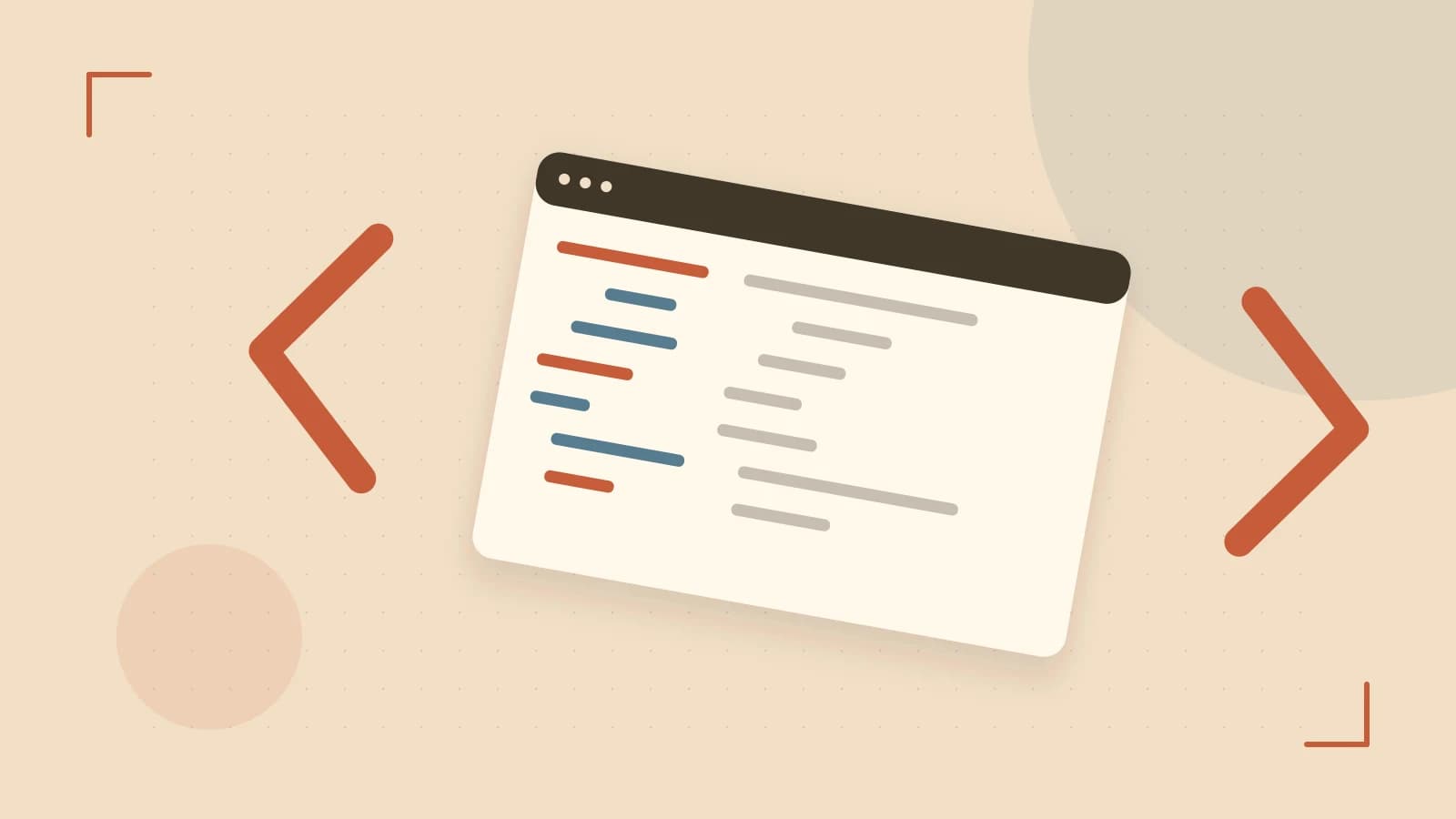 Editorial illustration of an abstract code editor, syntax blocks and oversized programming brackets