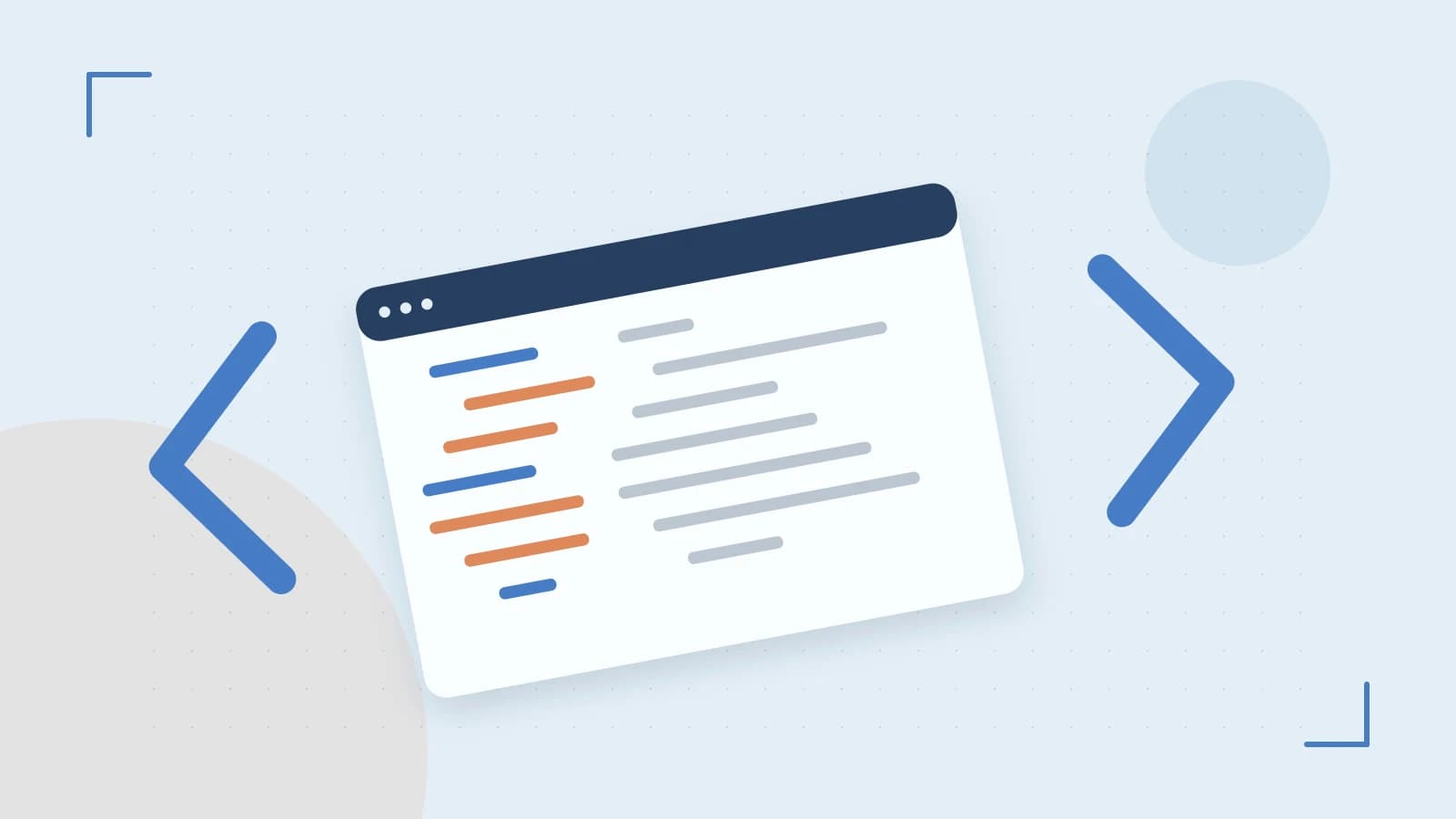 Editorial illustration of an abstract code editor, syntax blocks and oversized programming brackets