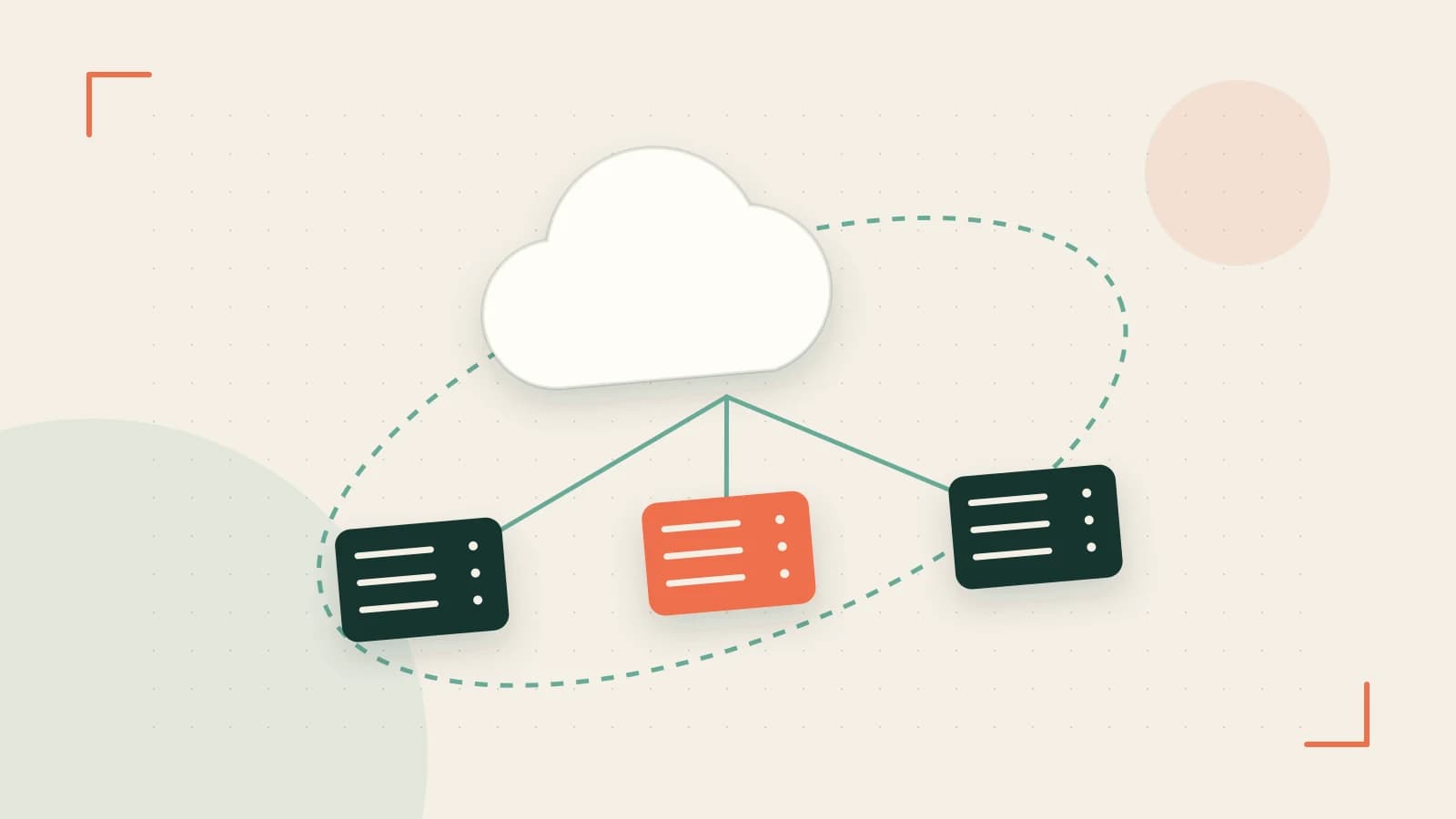 Editorial illustration of cloud infrastructure, connected server racks and an orbital service map