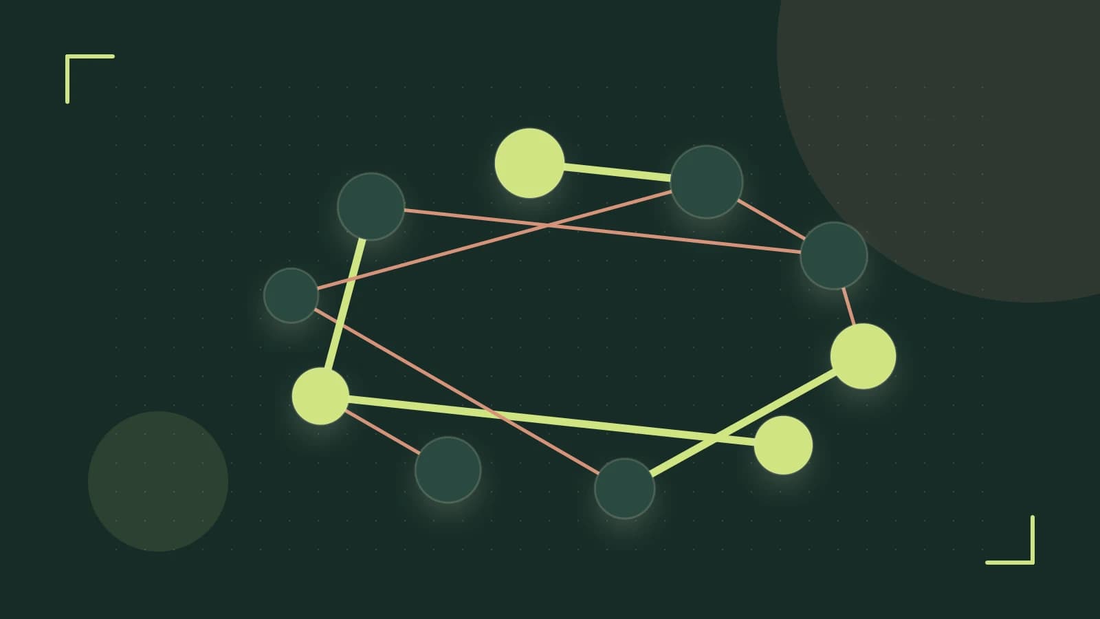 Editorial illustration of an algorithmic node graph with branching paths and a highlighted result