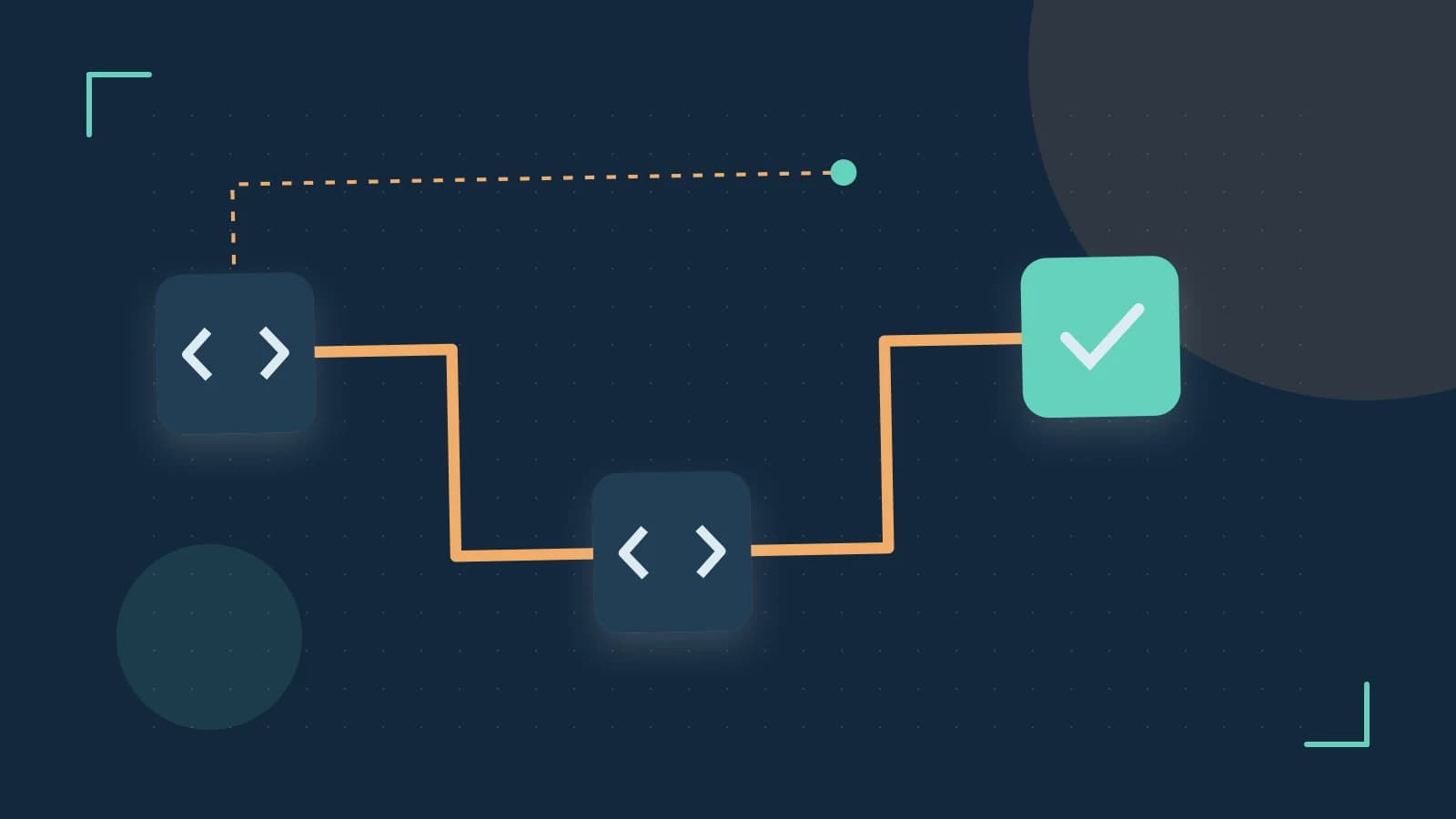Editorial illustration of a branching build pipeline, staged transformations and a completed check