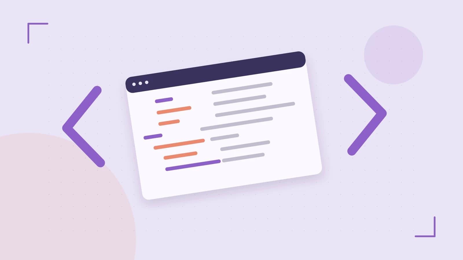Editorial illustration of an abstract code editor, syntax blocks and oversized programming brackets
