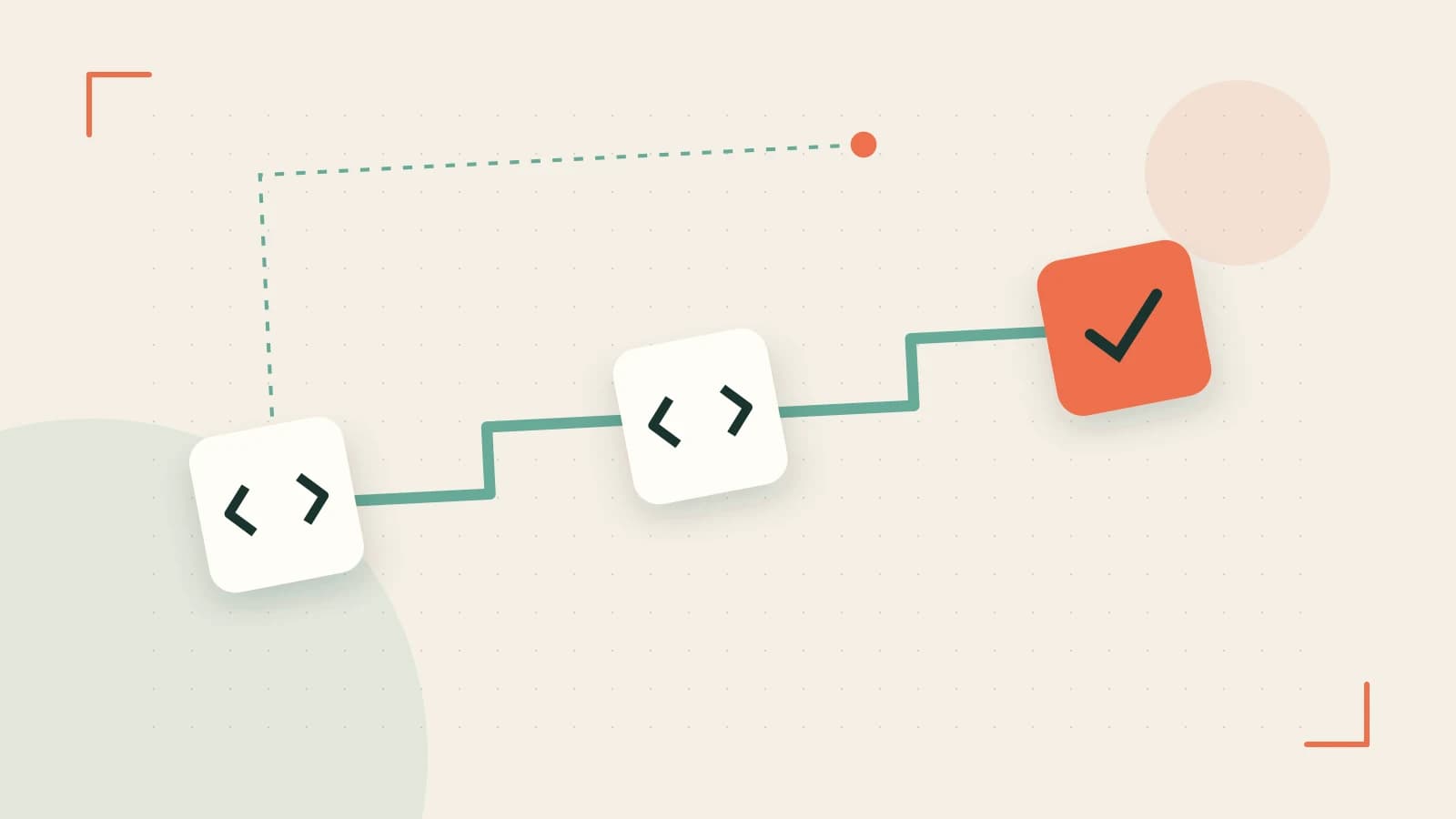 Editorial illustration of a branching build pipeline, staged transformations and a completed check