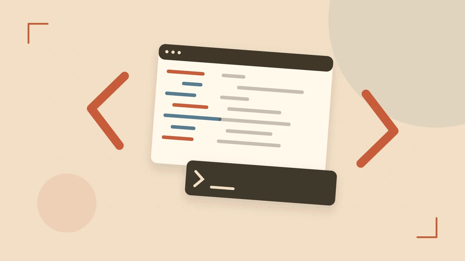 Editorial illustration of an abstract code editor, syntax blocks and oversized programming brackets