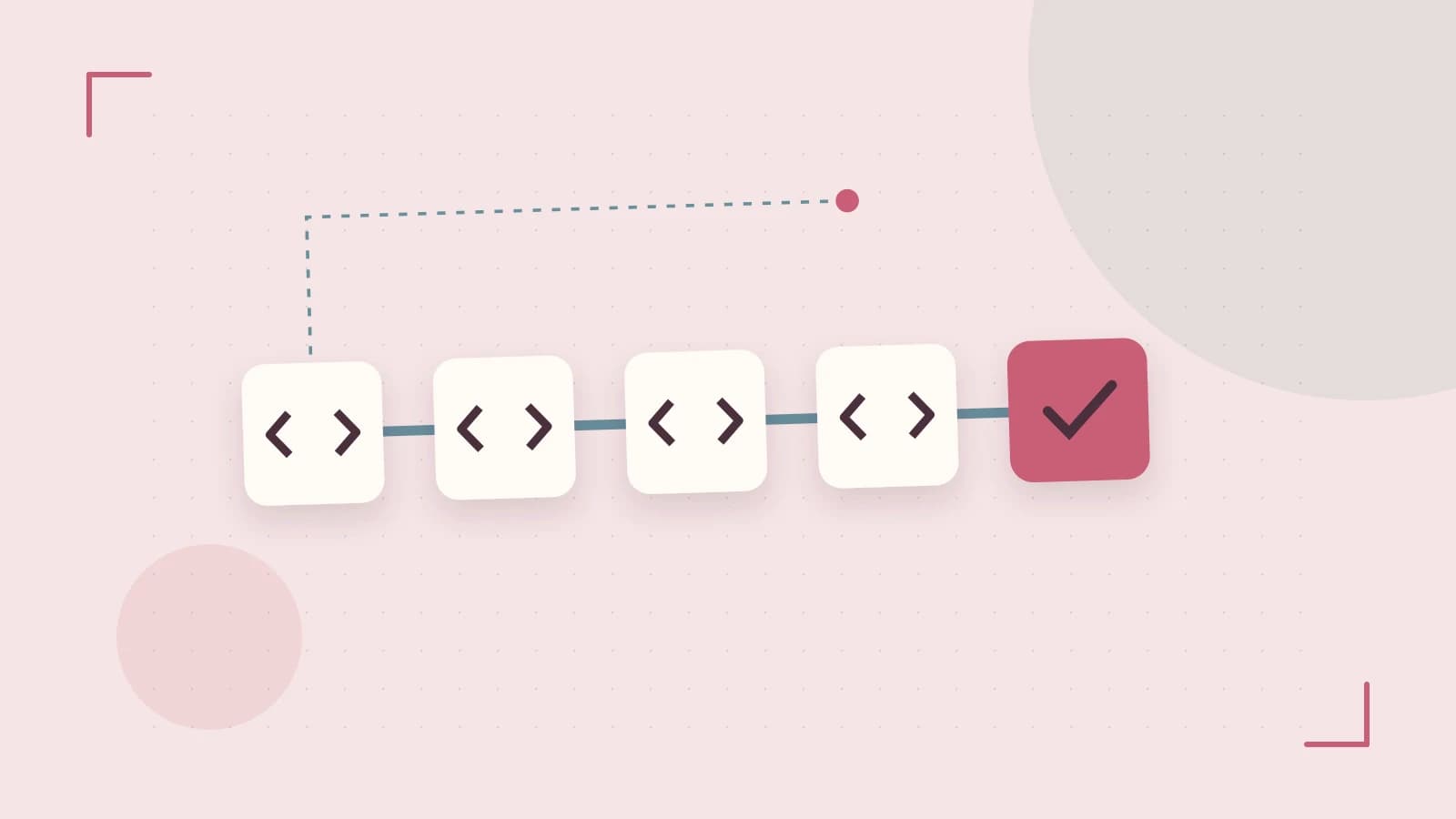 Editorial illustration of a branching build pipeline, staged transformations and a completed check