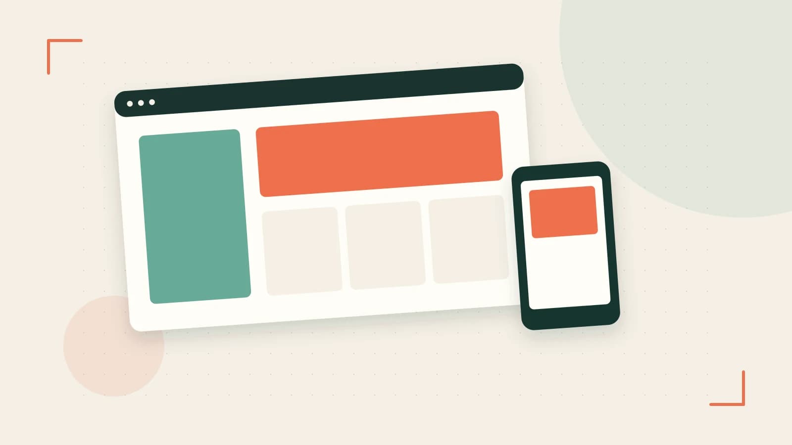 Editorial illustration of responsive browser layouts, overlapping design components and a color system
