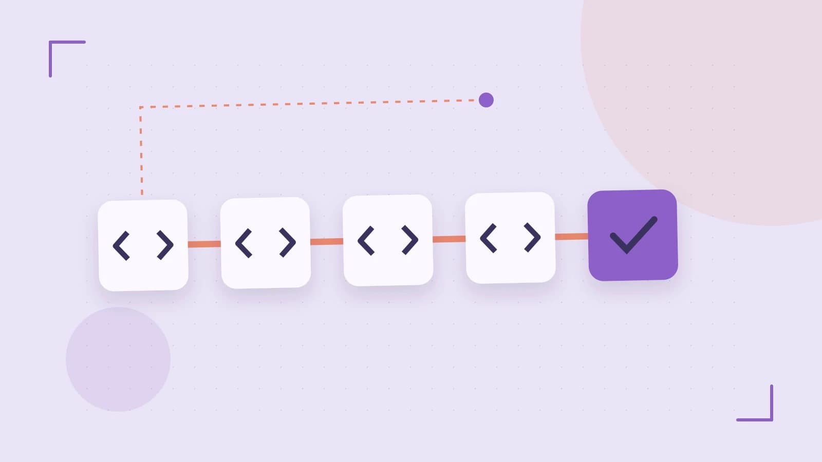 Editorial illustration of a branching build pipeline, staged transformations and a completed check