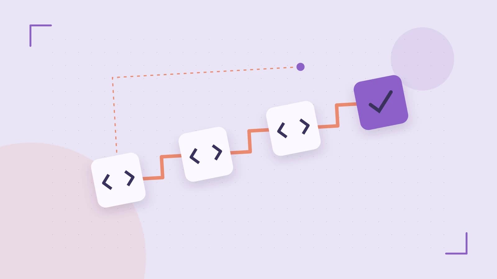 Editorial illustration of a branching build pipeline, staged transformations and a completed check